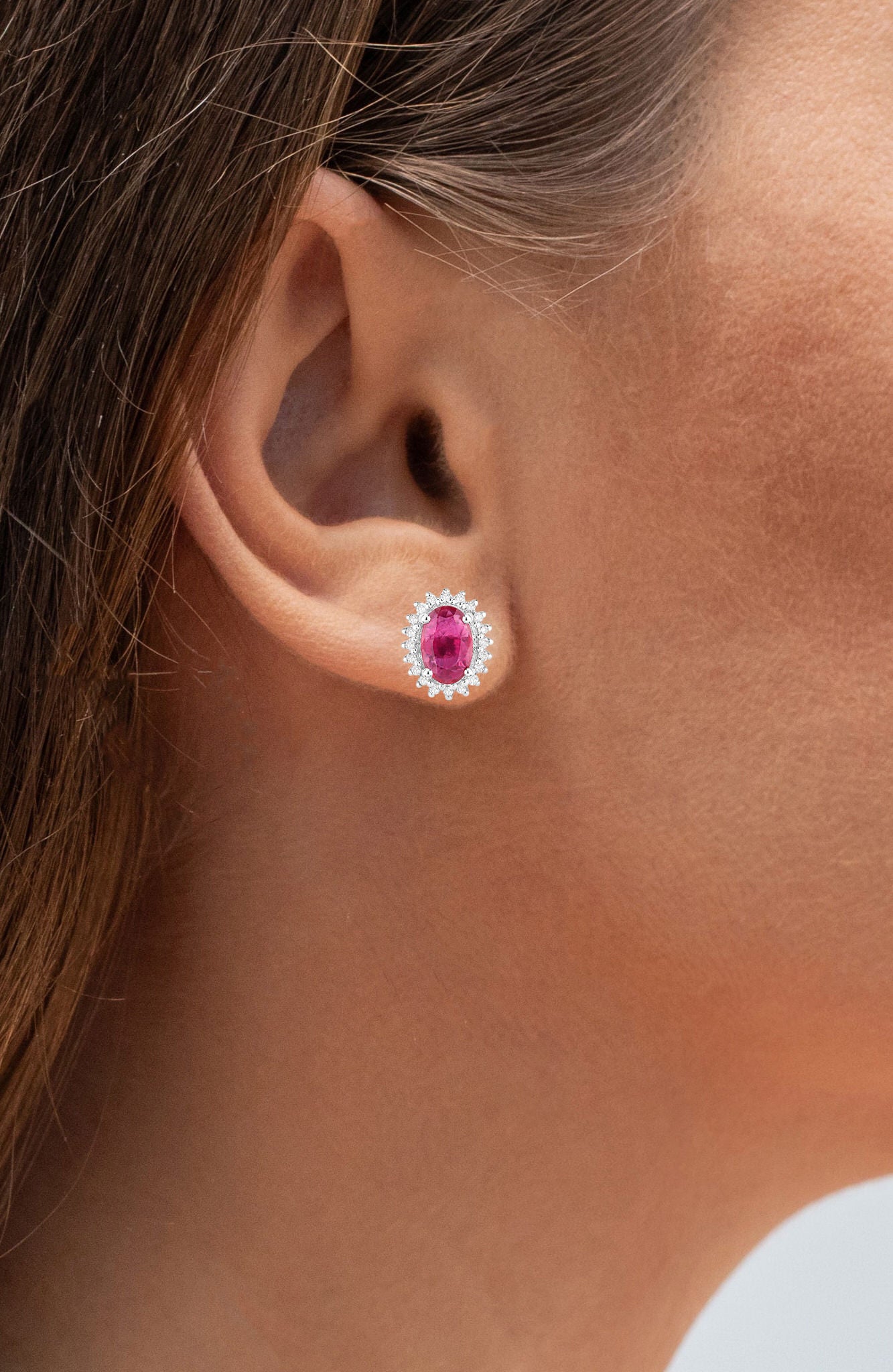 Ruby Halo Stud Earrings Diamonds 1.1 Carats 14K White Gold