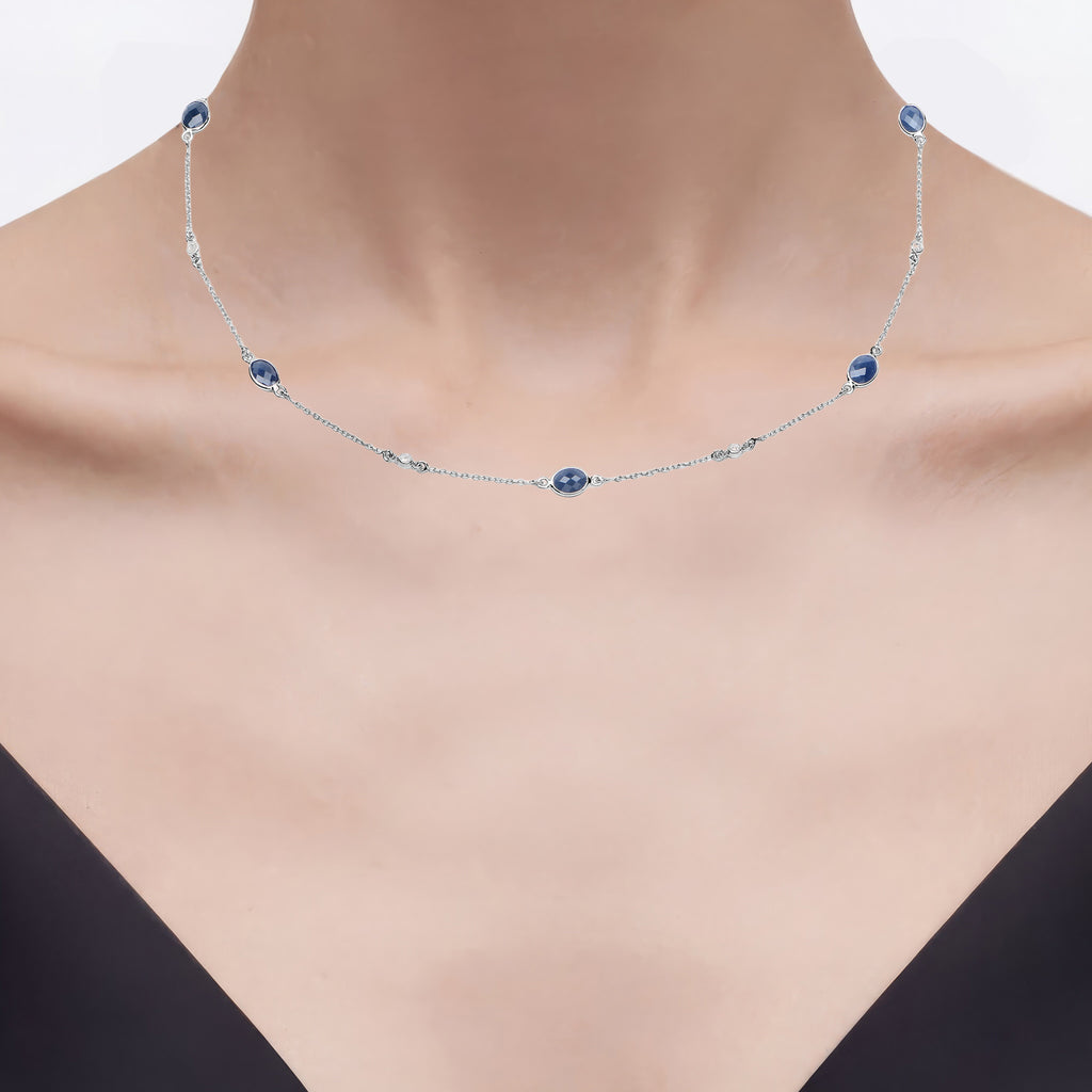 Blue Sapphire Necklace With Diamonds 6.4 Carats Sterling Silver