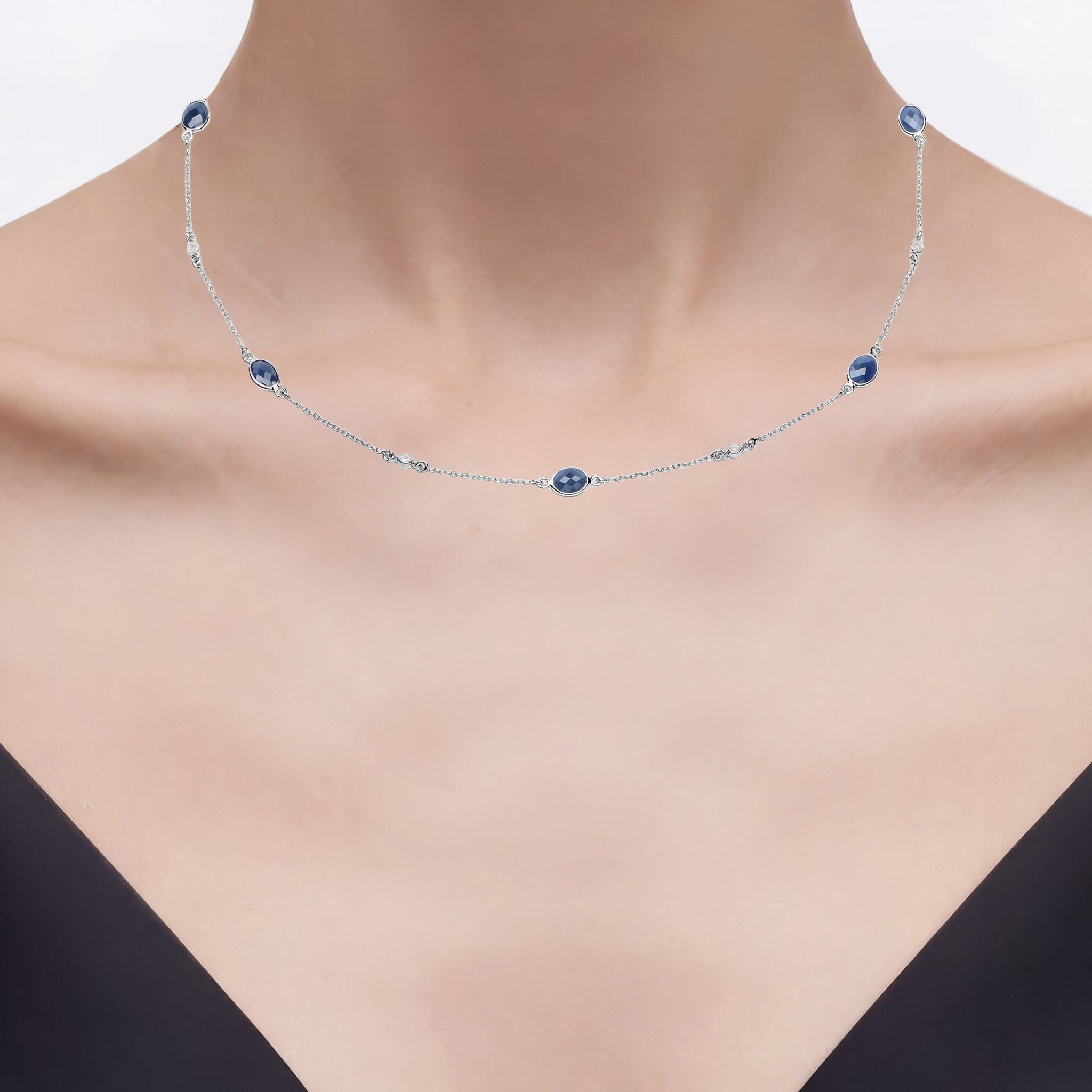 Blue Sapphire Necklace With Diamonds 6.4 Carats Sterling Silver
