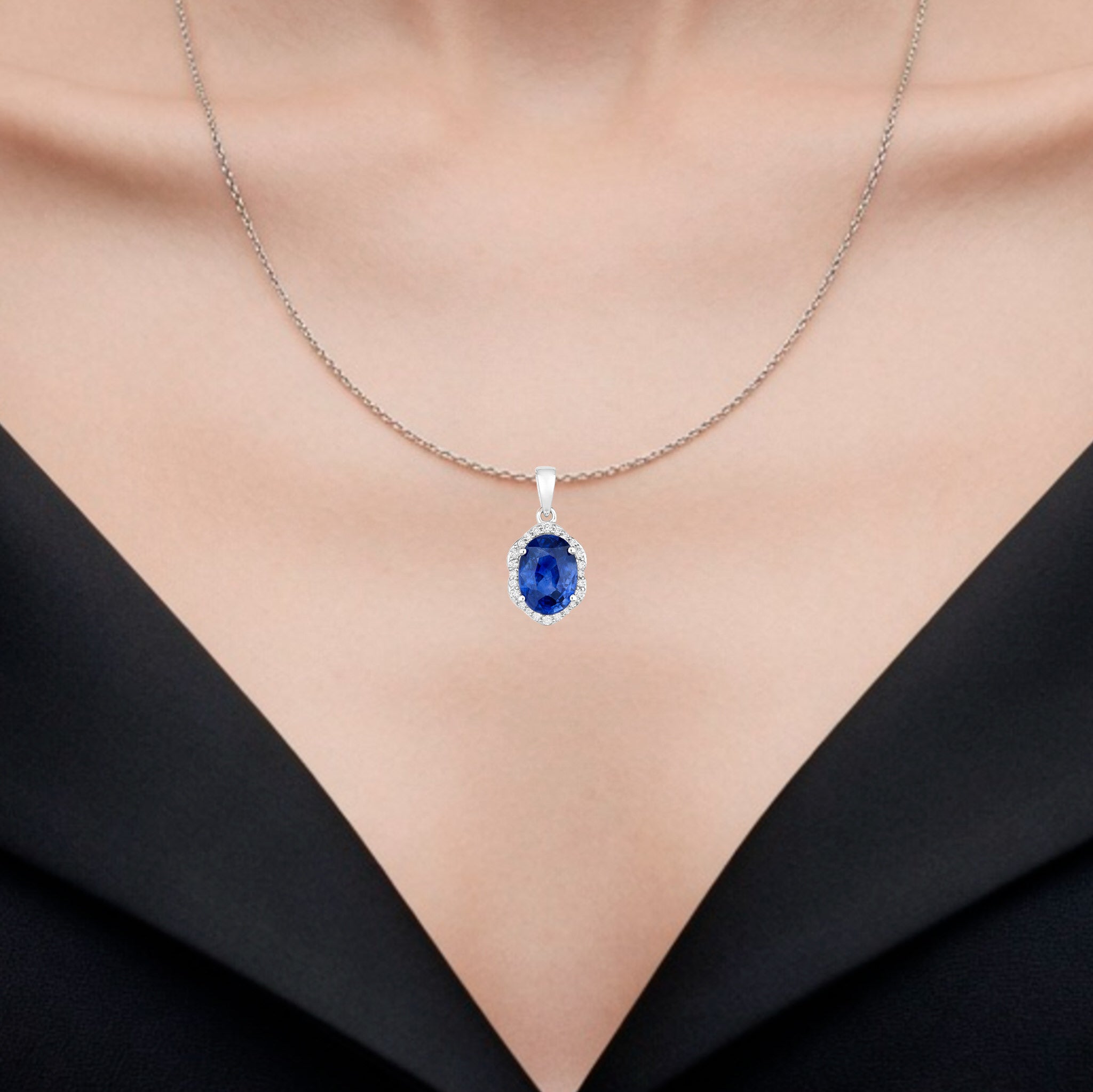 Blue Sapphire Pendant With Diamonds 2.84 Carats 18K White Gold