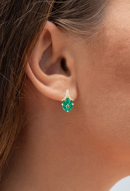 Zambian Emerald Stud Earrings White Diamonds 14K Yellow Gold