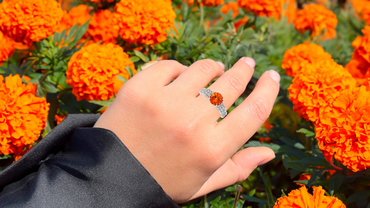 Orange Garnet Ring With Diamonds 2.14 Carats 14K White Gold