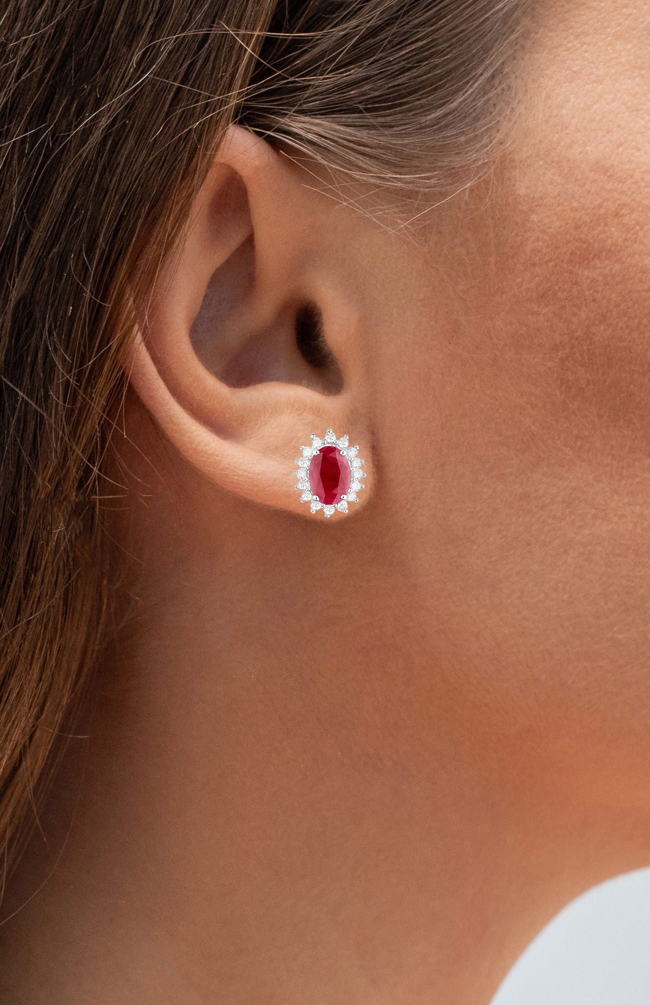 Ruby Earrings Halo Diamonds 2 Carats 14K White Gold