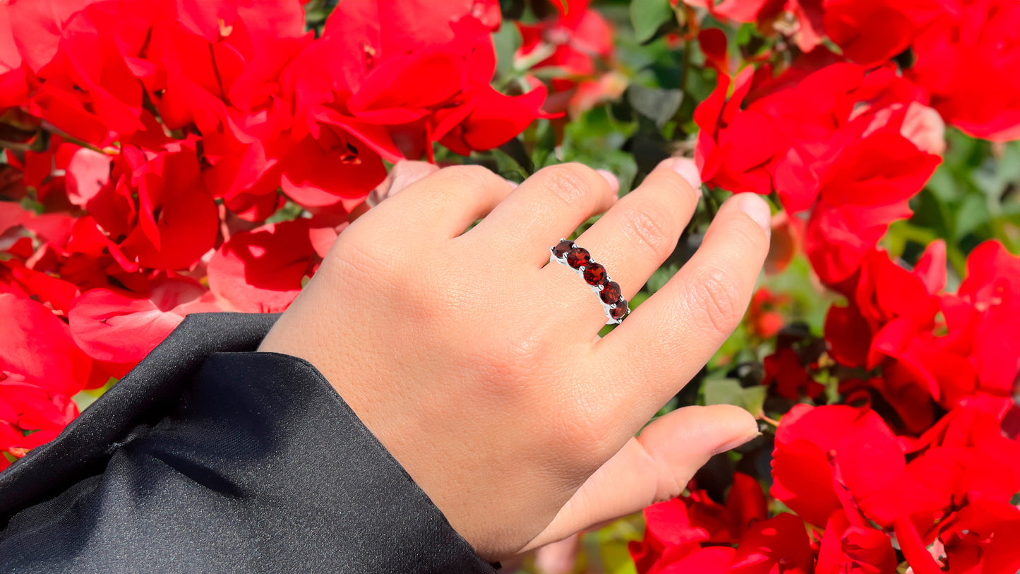 Natural Red Garnet Five Stone Ring 3.75 Carats Sterling Silver