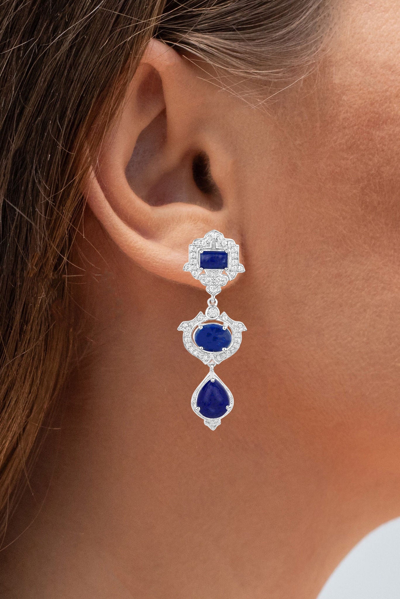 Lapis Dangle Earrings White Topaz 9.3 Carats Sterling Silver