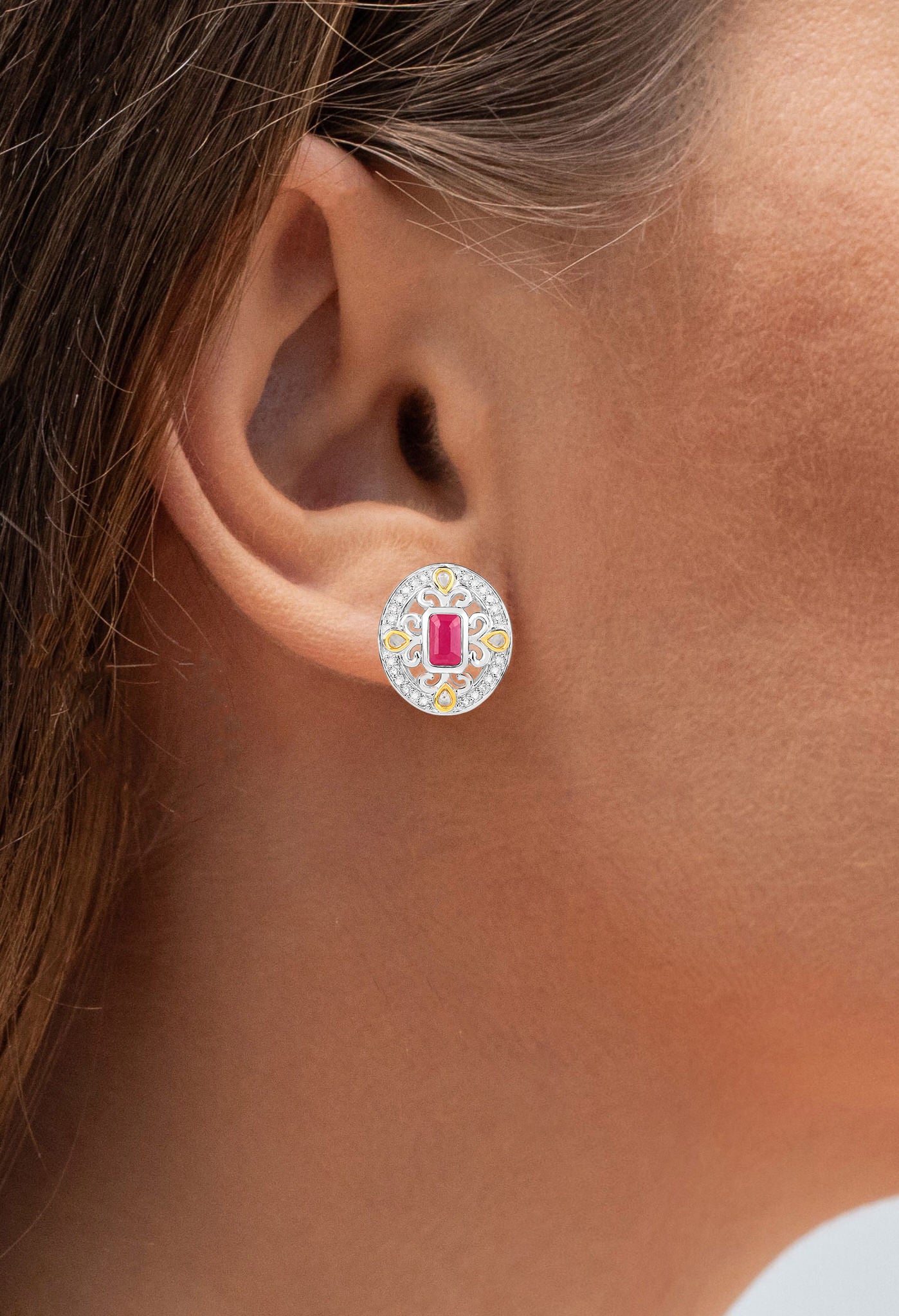 Ruby Earrings Halo Diamonds 0.7 Carats 18K Yellow Gold Plated Silver