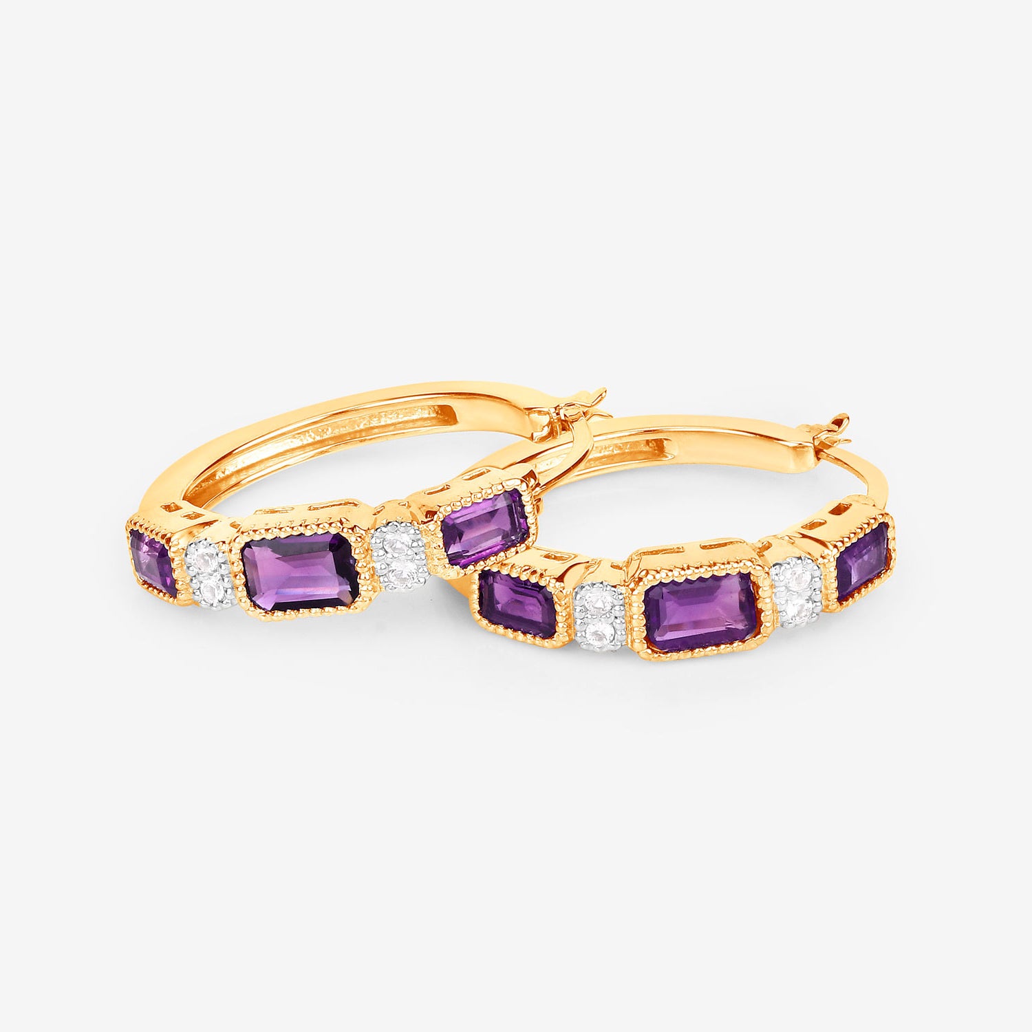 Amethyst Hoop Earrings With White Topaz 2.12 Carats Gold Plated Silver