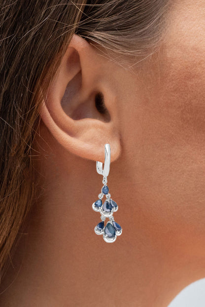 Blue Sapphire Chandelier Earrings 4.1 Carats Rhodium Plated Silver