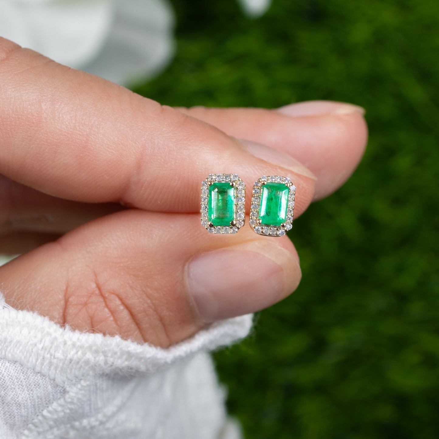 Natural Zambian Emerald Earrings With Diamonds 0.88 Carats 14K Yellow Gold
