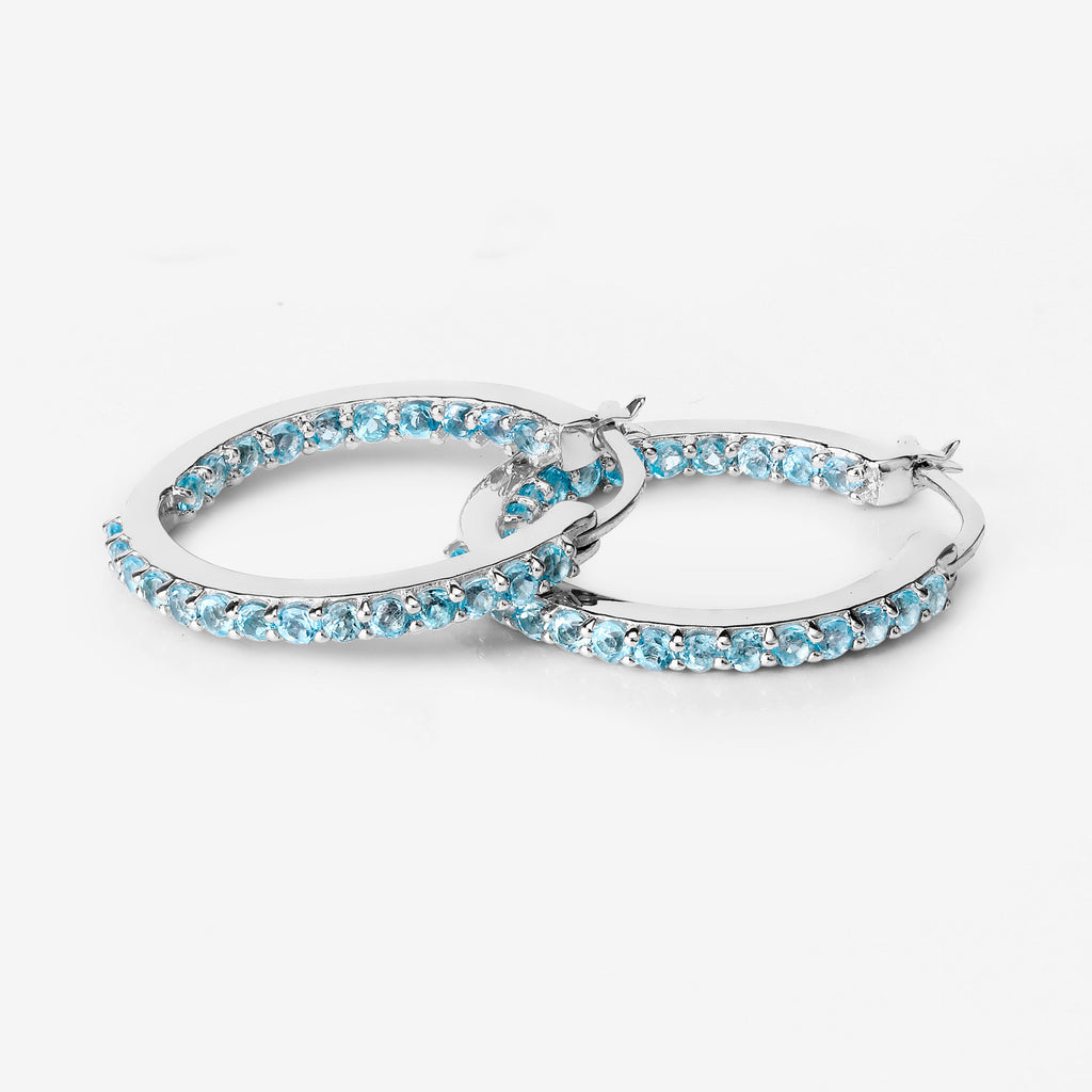 Swiss Blue Topaz Hoop Earrings 1.72 Carats Sterling Silver