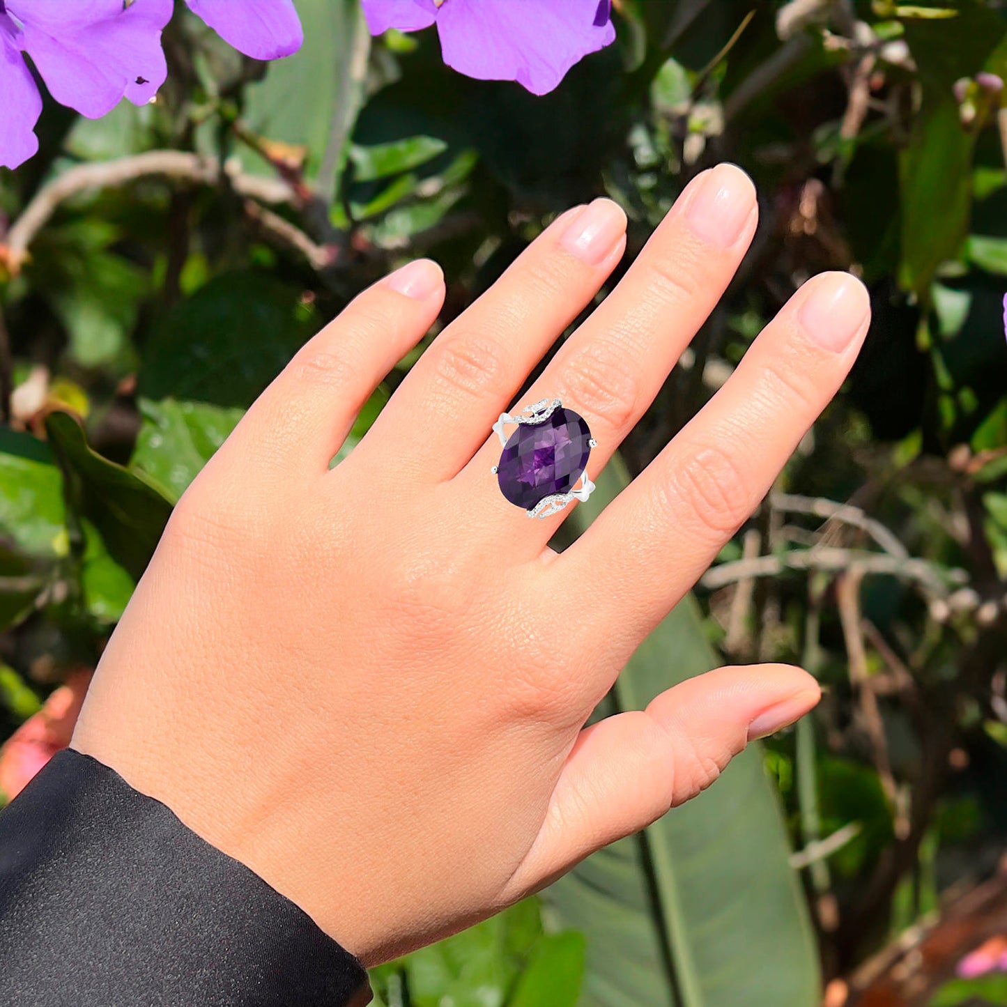 Rose Cut Amethyst Ring with White Topaz 10.43 Carats Sterling Silver