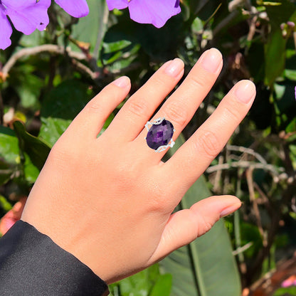 Rose Cut Amethyst Ring with White Topaz 10.43 Carats Sterling Silver