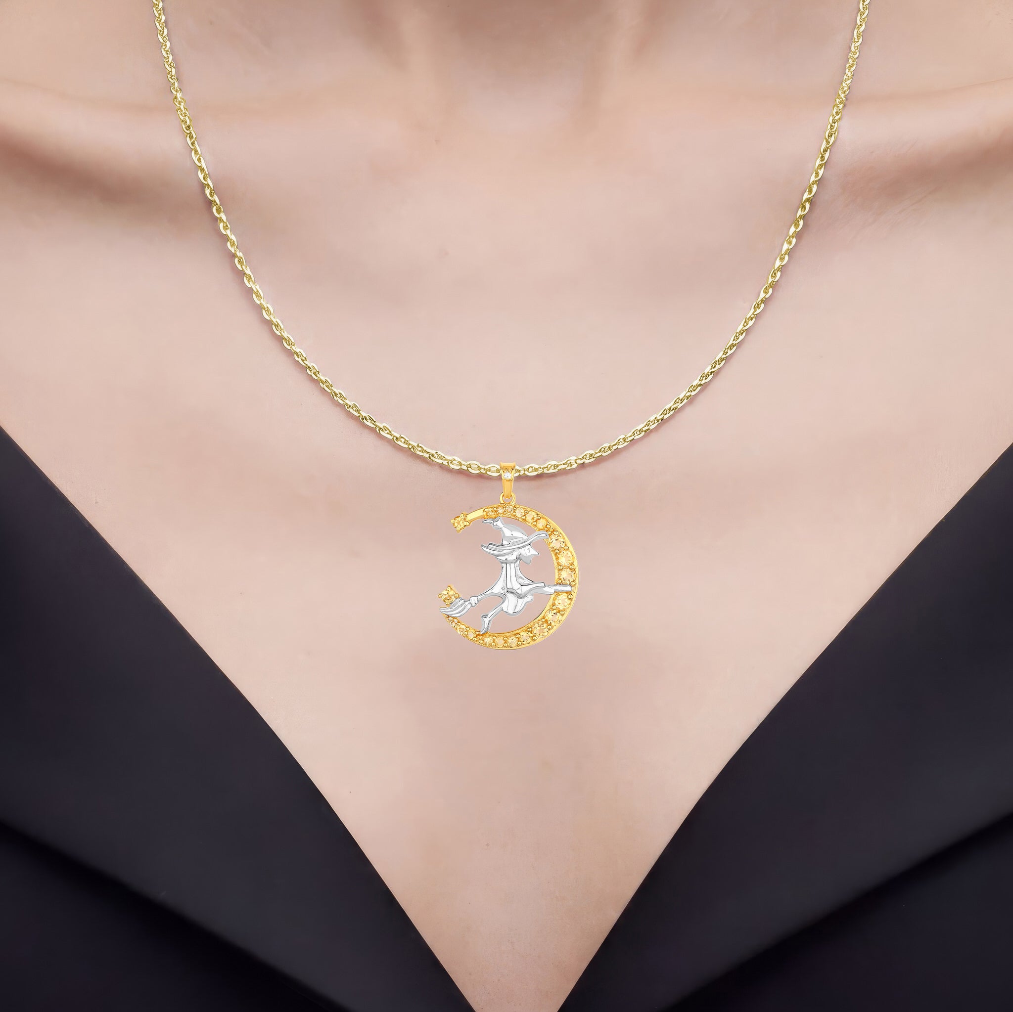Citrine Witch Pendant With White Topaz 0.98 Carats Gold Plated Silver
