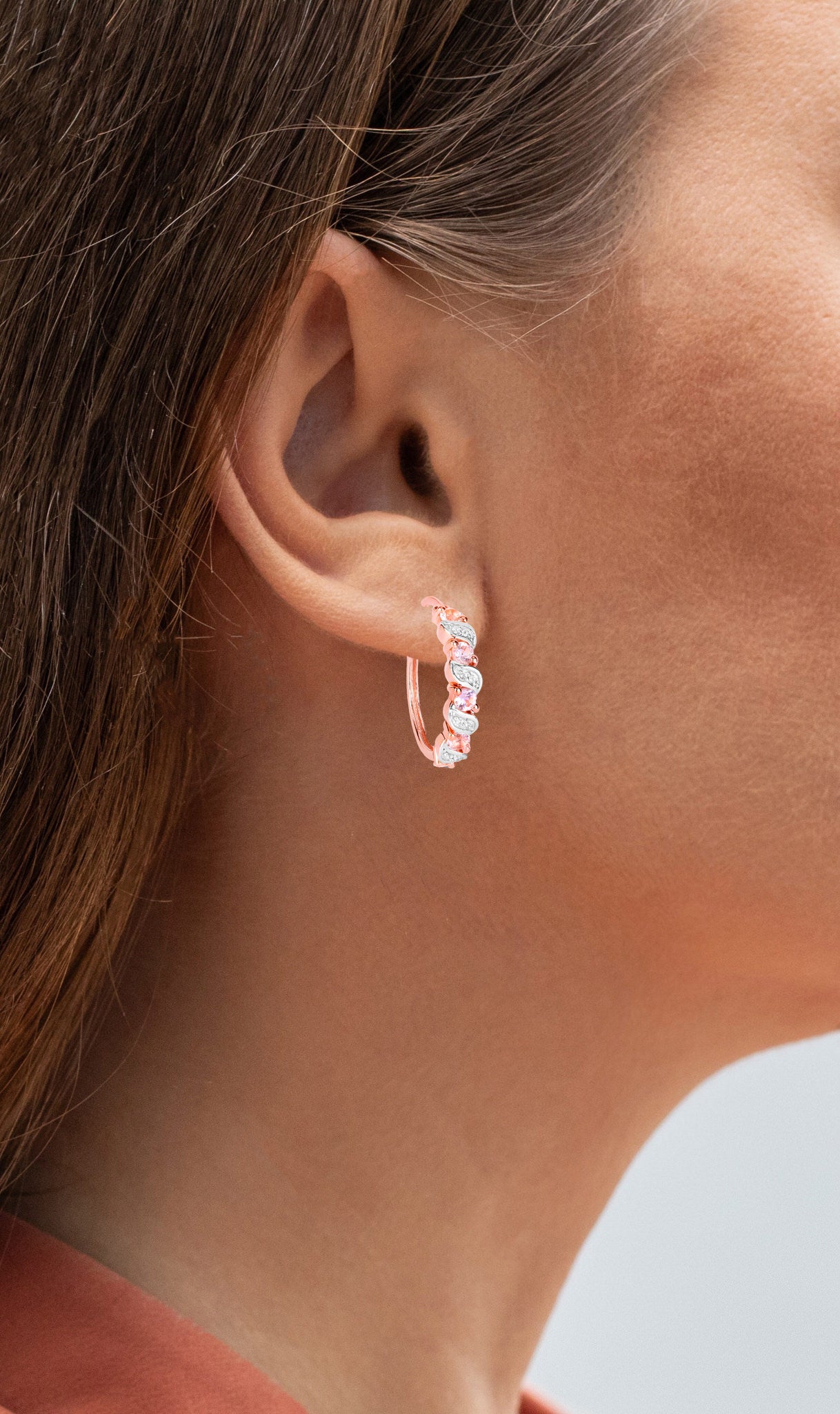 Morganite Hoop Earrings White Topaz 1.02 Carats 18K Rose Gold Plated Silver