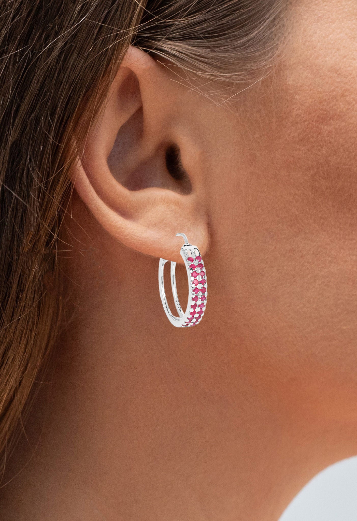 Ruby Cluster Hoop Earrings 1.9 Carats Rhodium Plated Silver