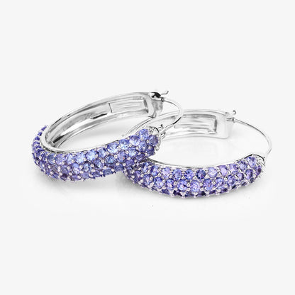 Tanzanite Hoop Earrings 3 Carats Rhodium Plated Silver