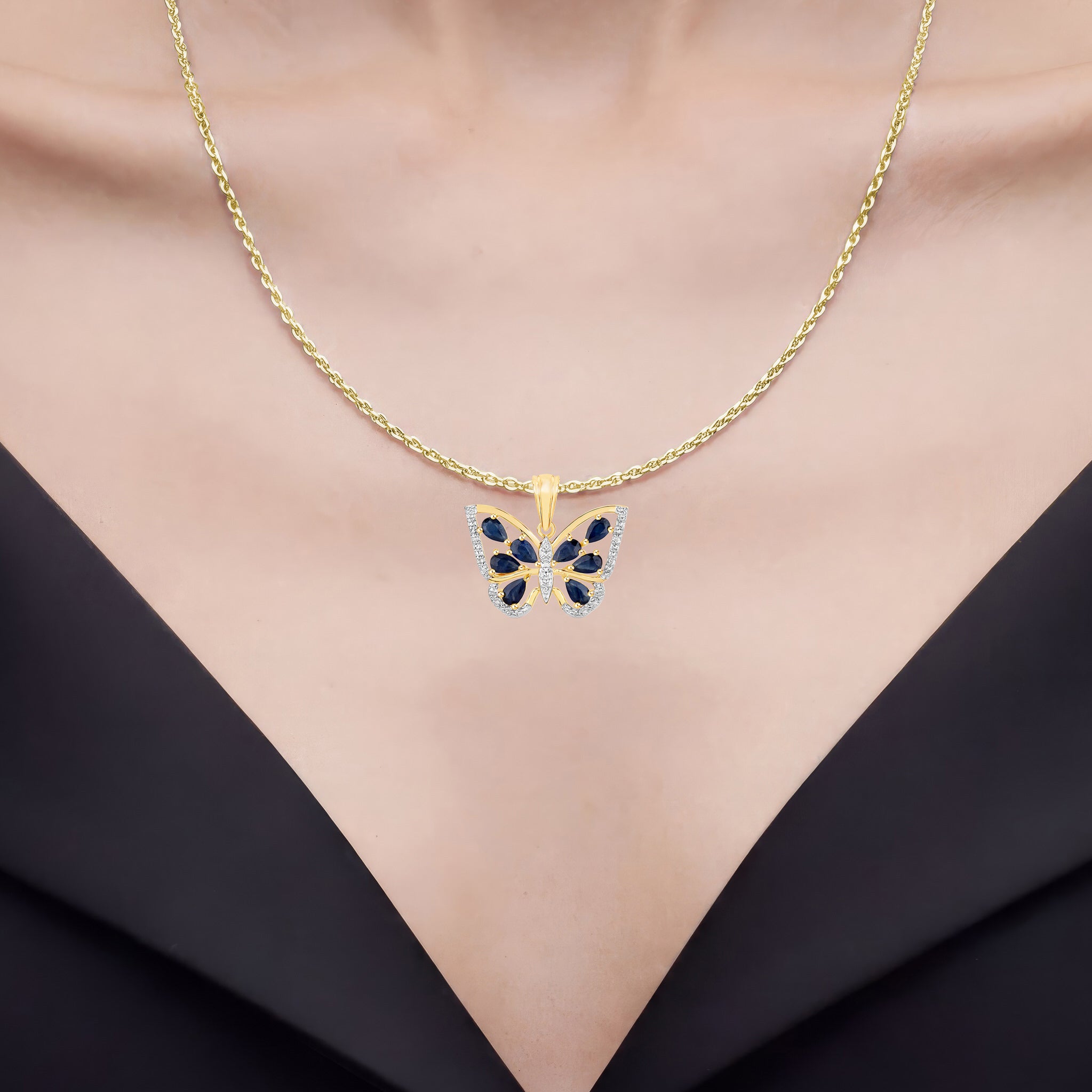 Blue Sapphire Butterfly Pendant With White Zircon 1.63 Carats Gold Plated Silver