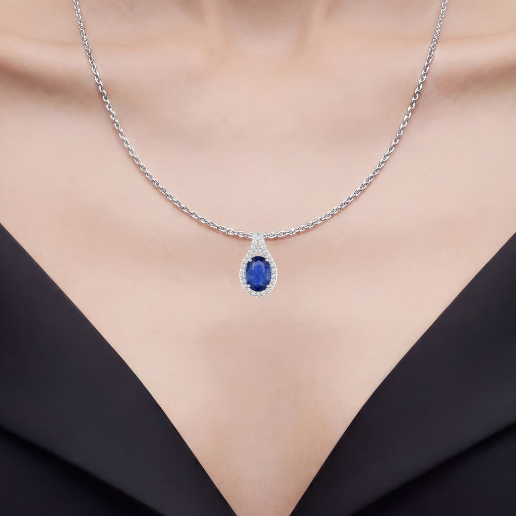 Blue Sapphire Pendant With Diamonds 3.8 Carats 18K White Gold
