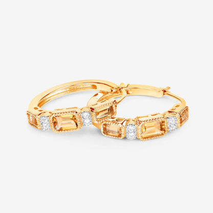 Citrine Hoop Earrings With White Topaz 2.84 Carats Gold Plated Silver