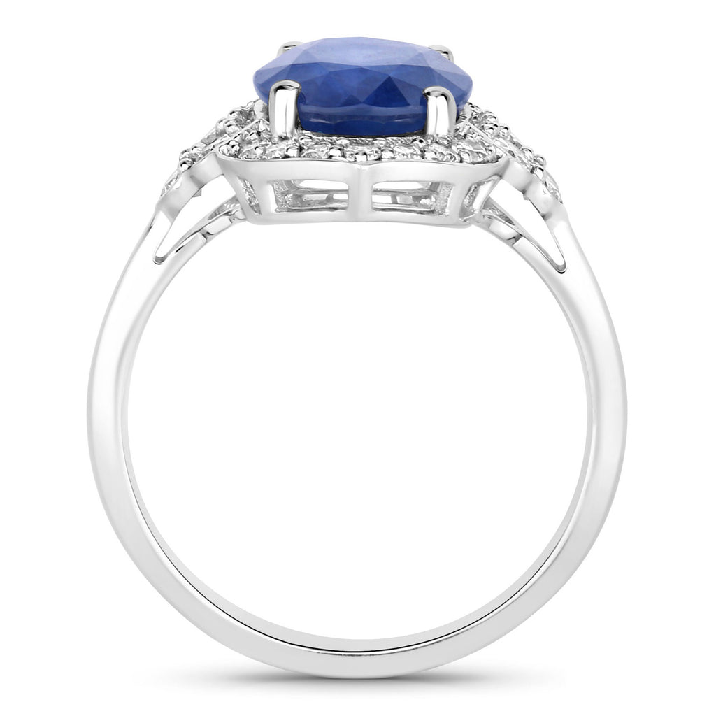 Blue Sapphire Ring With Diamonds 4.12 Carats 18K White Gold