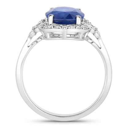 Blue Sapphire Ring With Diamonds 4.12 Carats 18K White Gold