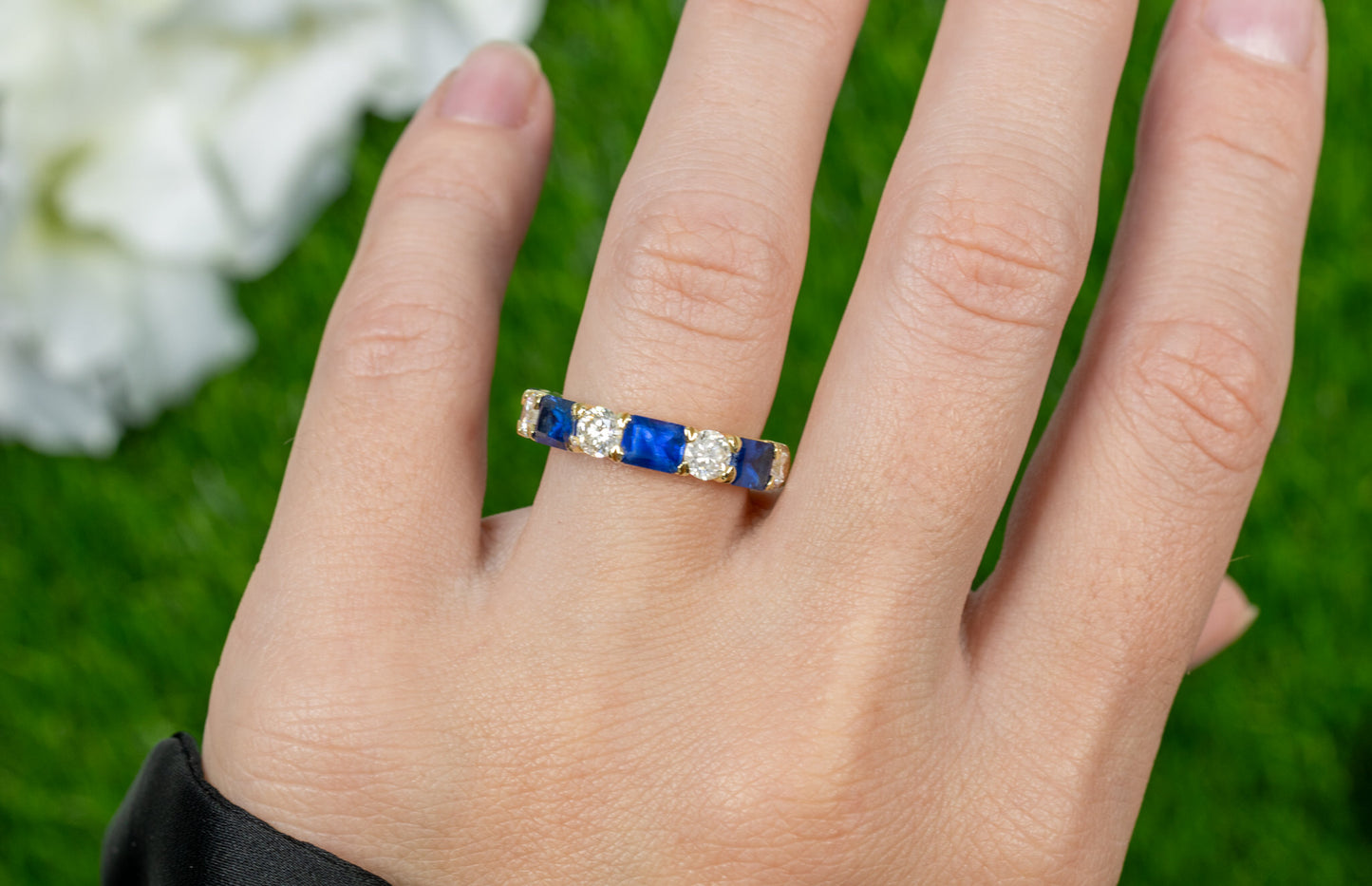 Blue Sapphires Diamonds Half Eternity Band Ring 3.29 Carats 18K Yellow Gold