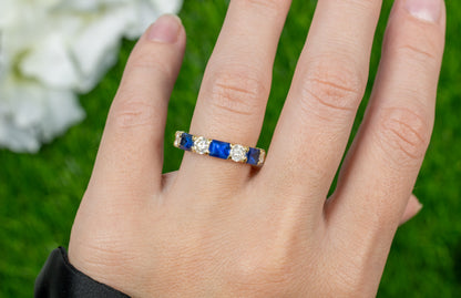Blue Sapphires Diamonds Half Eternity Band Ring 3.29 Carats 18K Yellow Gold