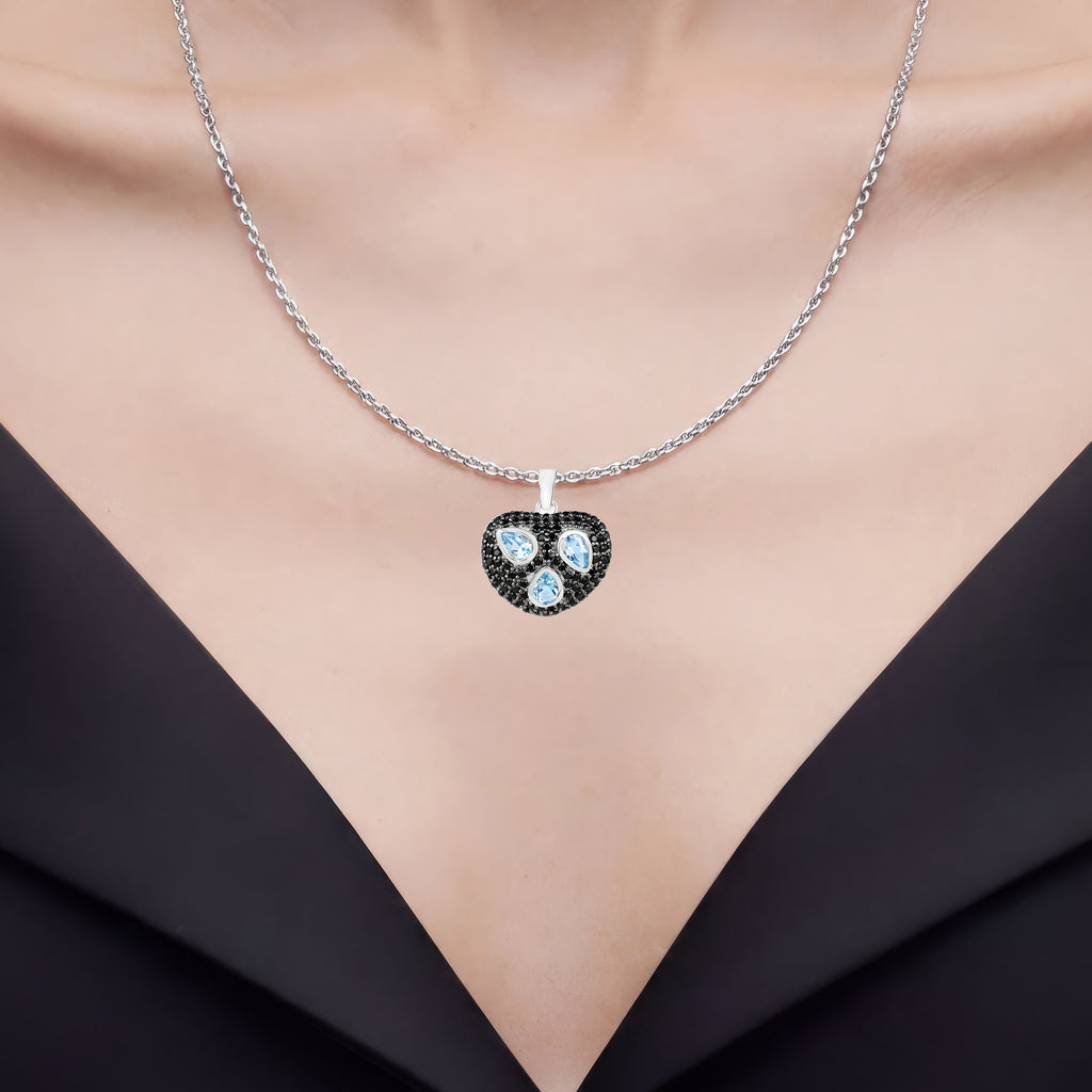 Blue Topaz Pendant With Black Spinel 3.48 Carats Sterling Silver