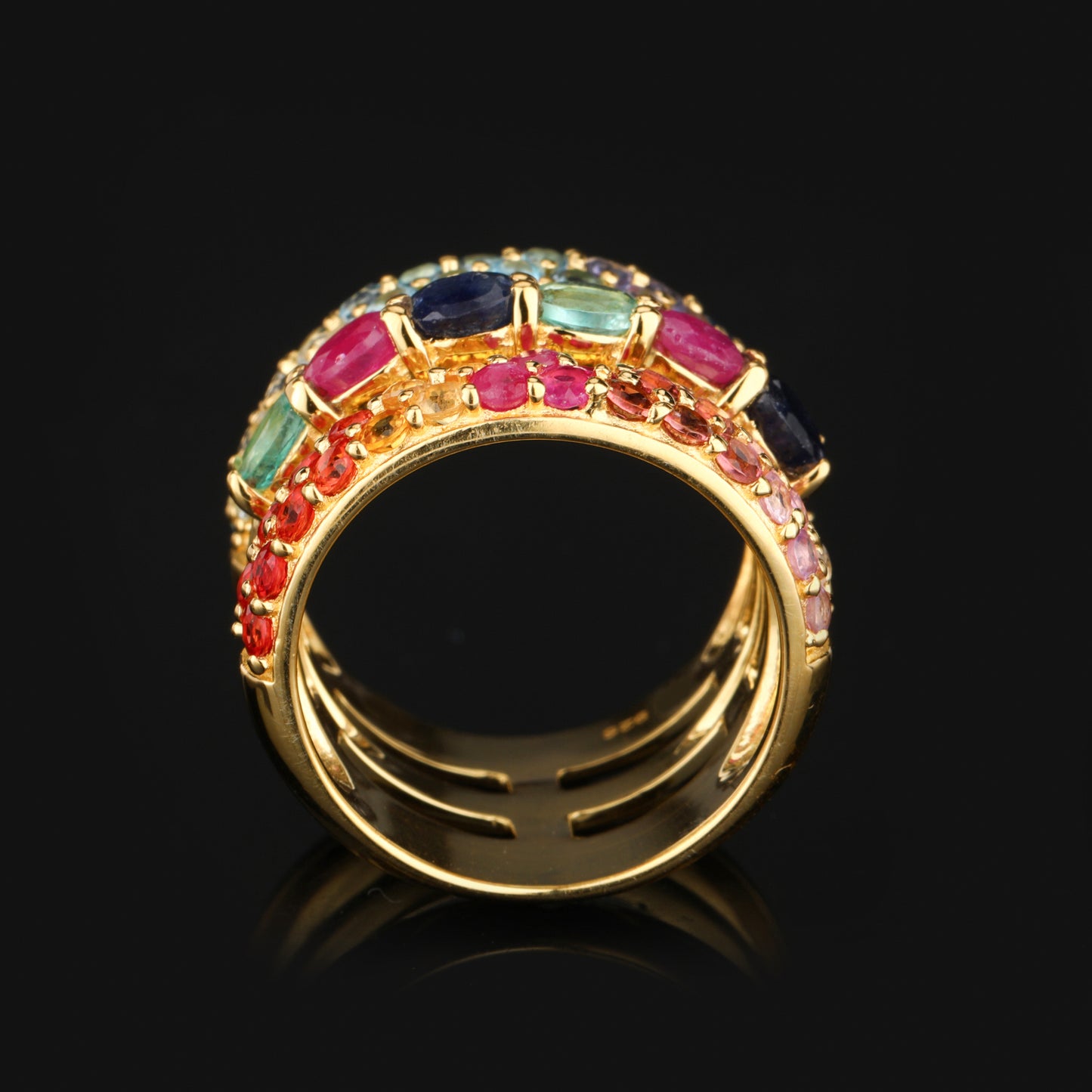 Natural Mixed Gemstones Ring 3.23 Carats Gold Plated Silver