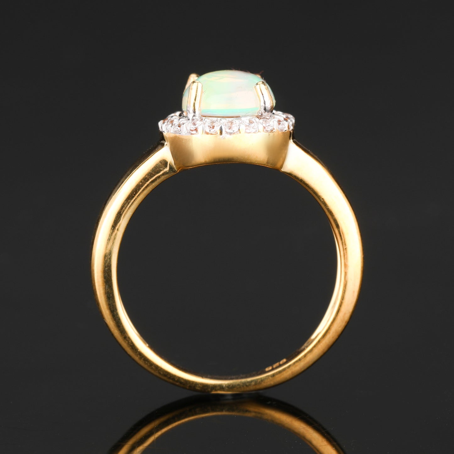 Natural Ethiopian Opal Ring With White Zircon 1.33 Carats Gold Plated Silver