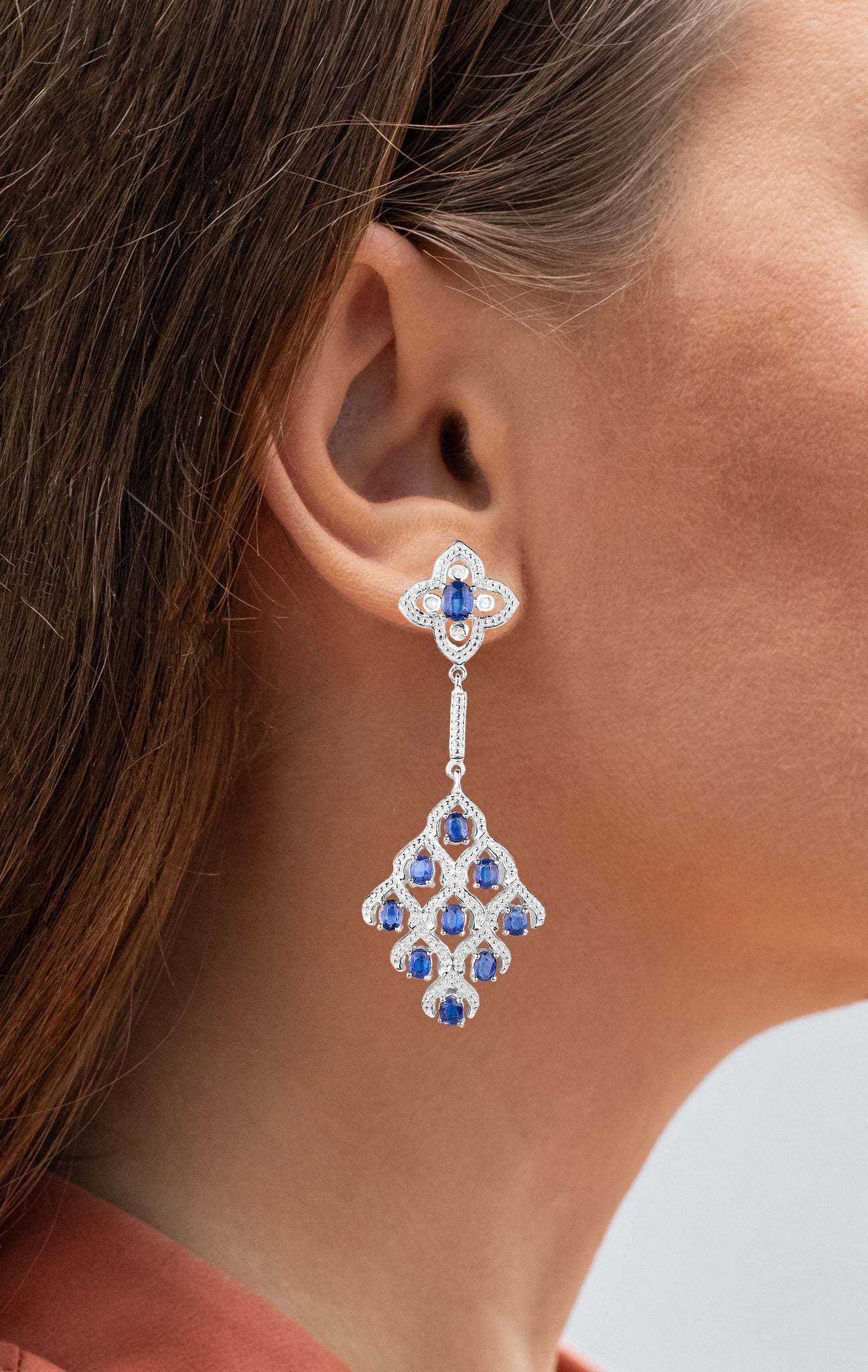 Kyanite Chandelier Earrings With White Topaz 5.6 Carats Rhodium Plated Silver