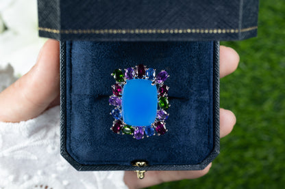 Blue Chalcedony Ring Amethyst Rhodolite Chrome Diopside Kyanite 26 Carats