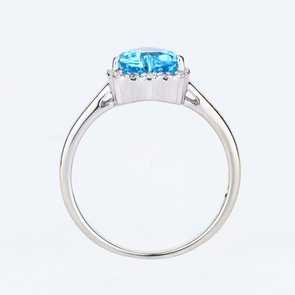 Swiss Blue Topaz Heart Ring With Diamonds 2.15 Carats 9K White Gold