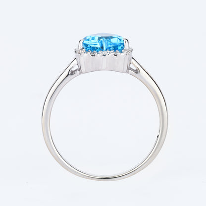 Swiss Blue Topaz Heart Ring With Diamonds 2.15 Carats 9K White Gold