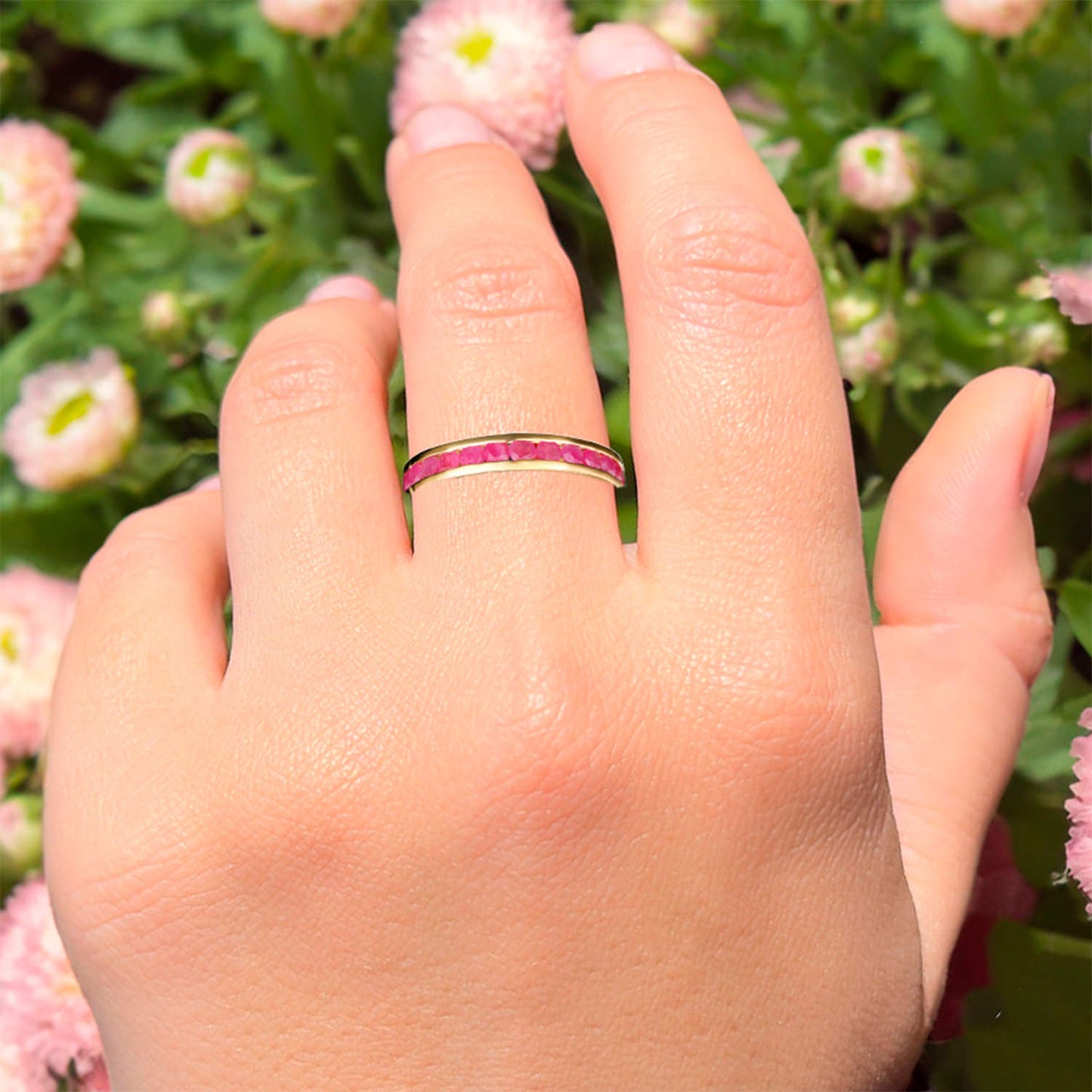 Natural Ruby Eternity Band Ring 2.86 Carats Gold Plated Silver