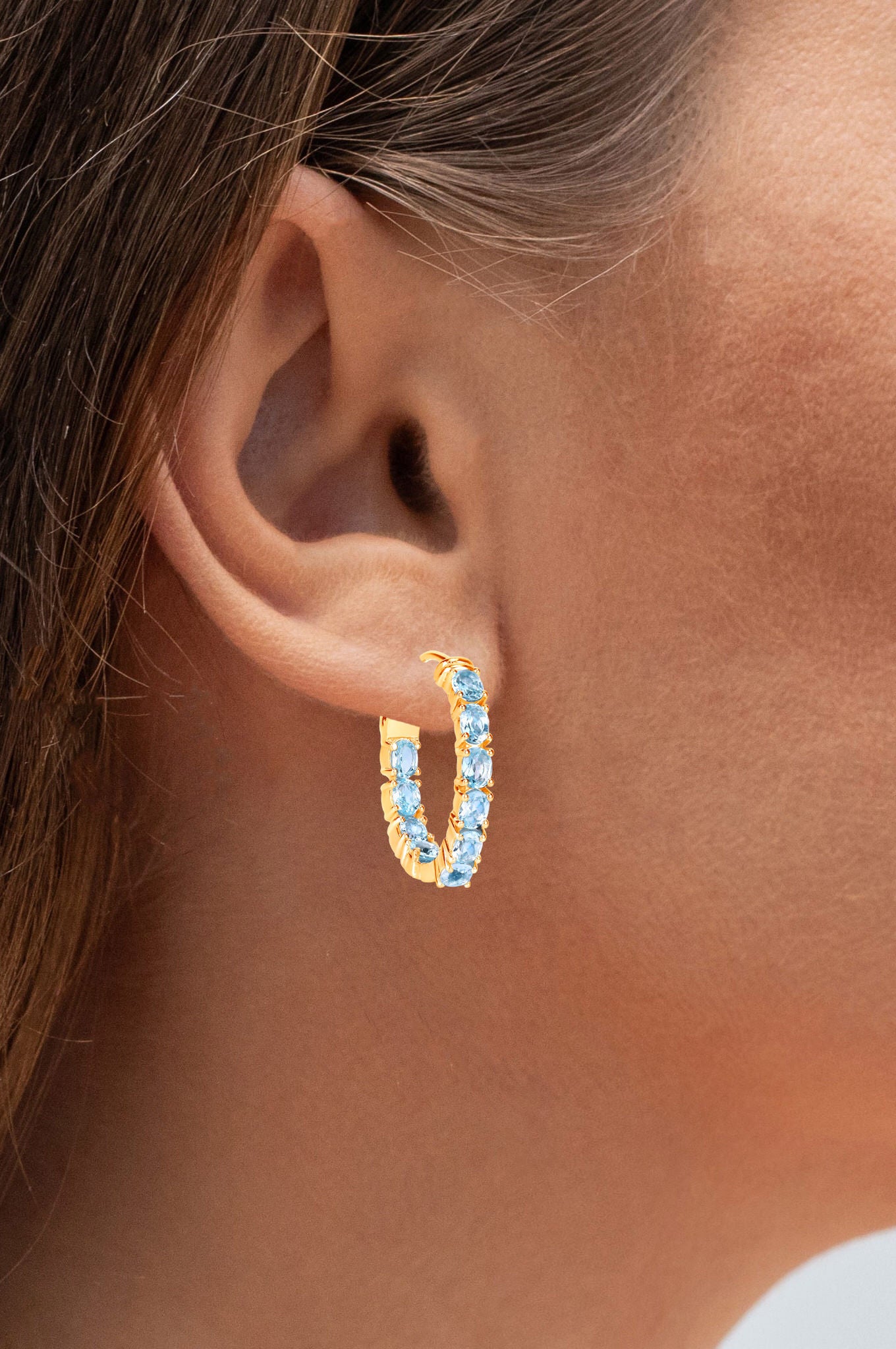 Blue Topaz Hoop Earrings 3.78 Carats Gold Plated Silver
