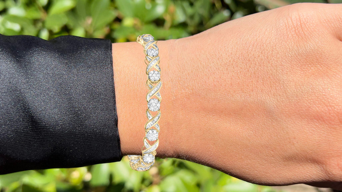 XOXO Diamond Link Bracelet Round and Baguette Cut 3 Carats 10K Yellow Gold