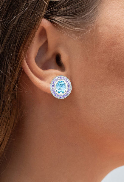 Blue Topaz Stud Earrings Tanzanite 6.2 Carats 18K Gold Plated Silver