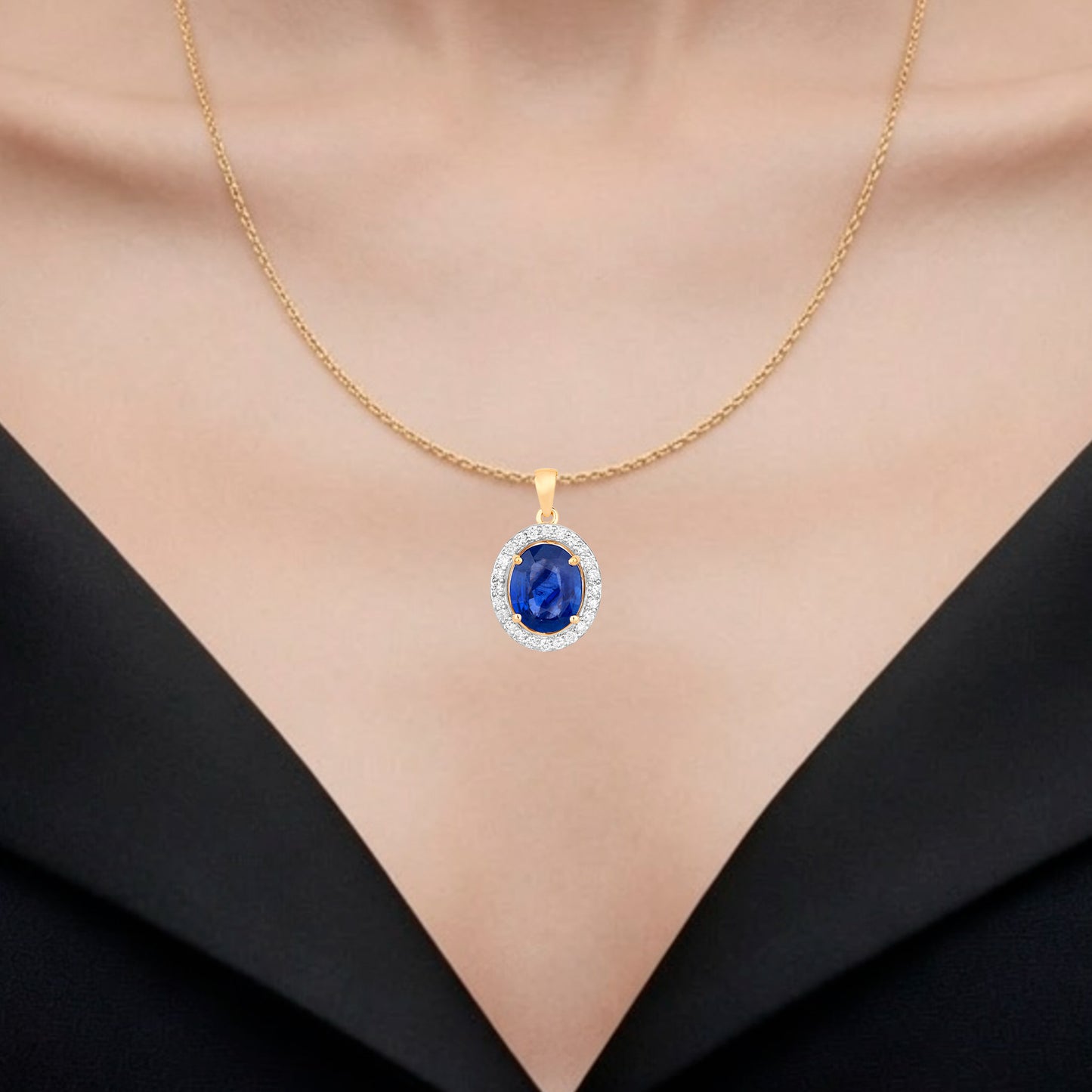 Blue Sapphire Pendant With Diamonds 3.46 Carats 18K Yellow Gold