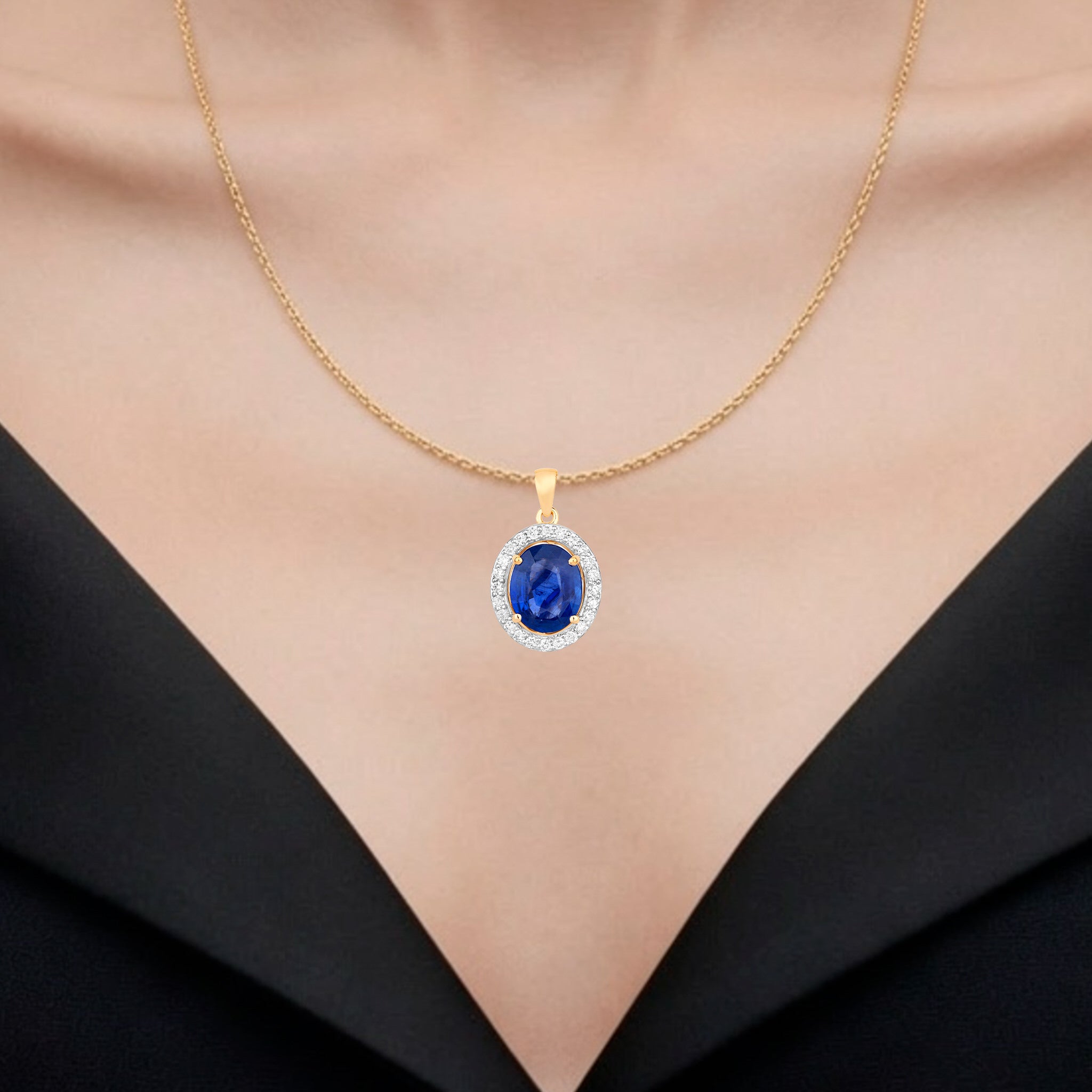 Blue Sapphire Pendant With Diamonds 3.46 Carats 18K Yellow Gold