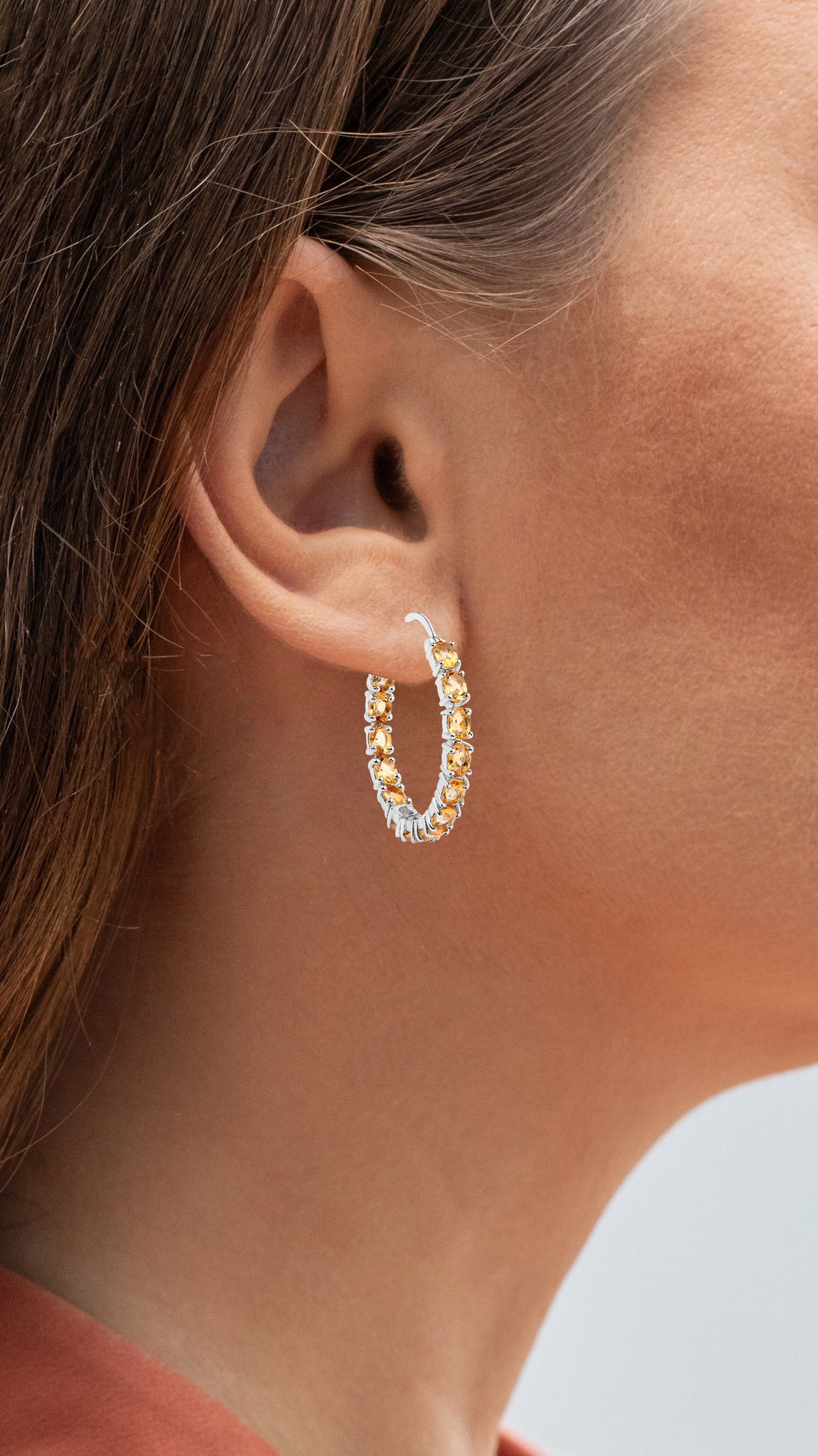 Citrine Hoop Earrings 4.78 Carats Rhodium Plated Sterling Silver