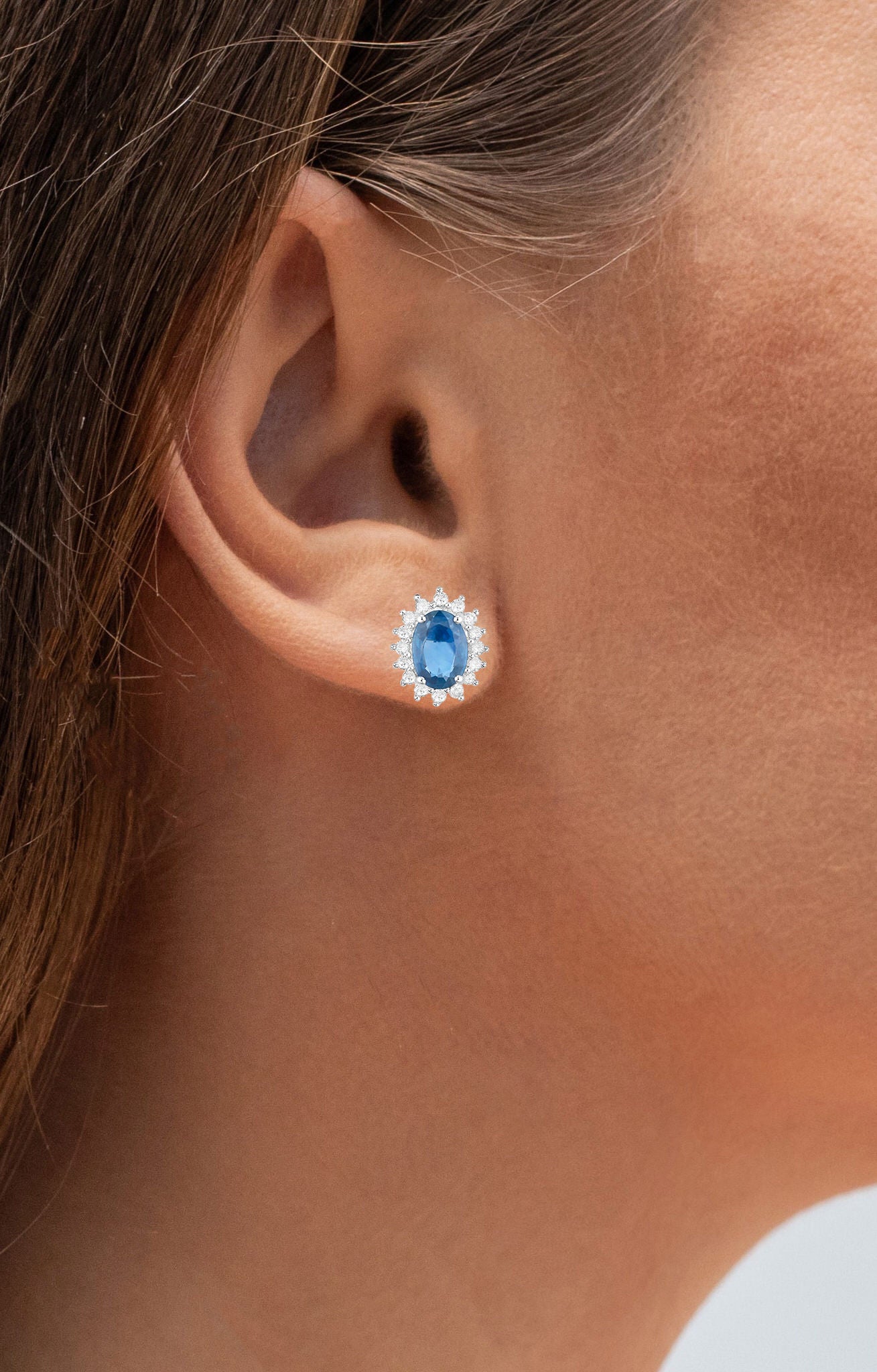 Blue Sapphire Earrings Halo Diamonds 2.2 Carats 14K White Gold