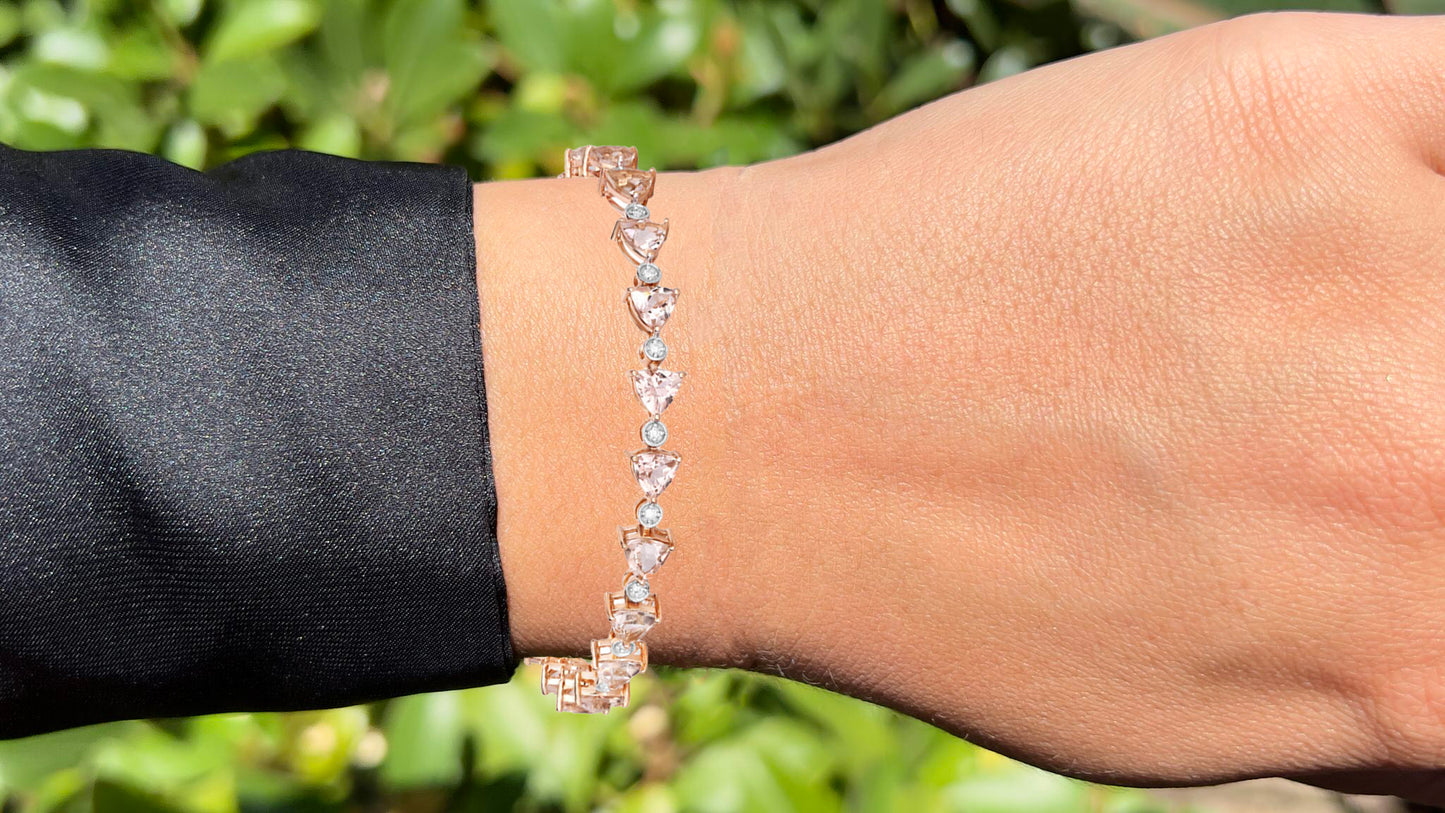 Morganite Tennis Bracelet Trillion Cut Diamond Links 7.55 Carats 14K Rose Gold