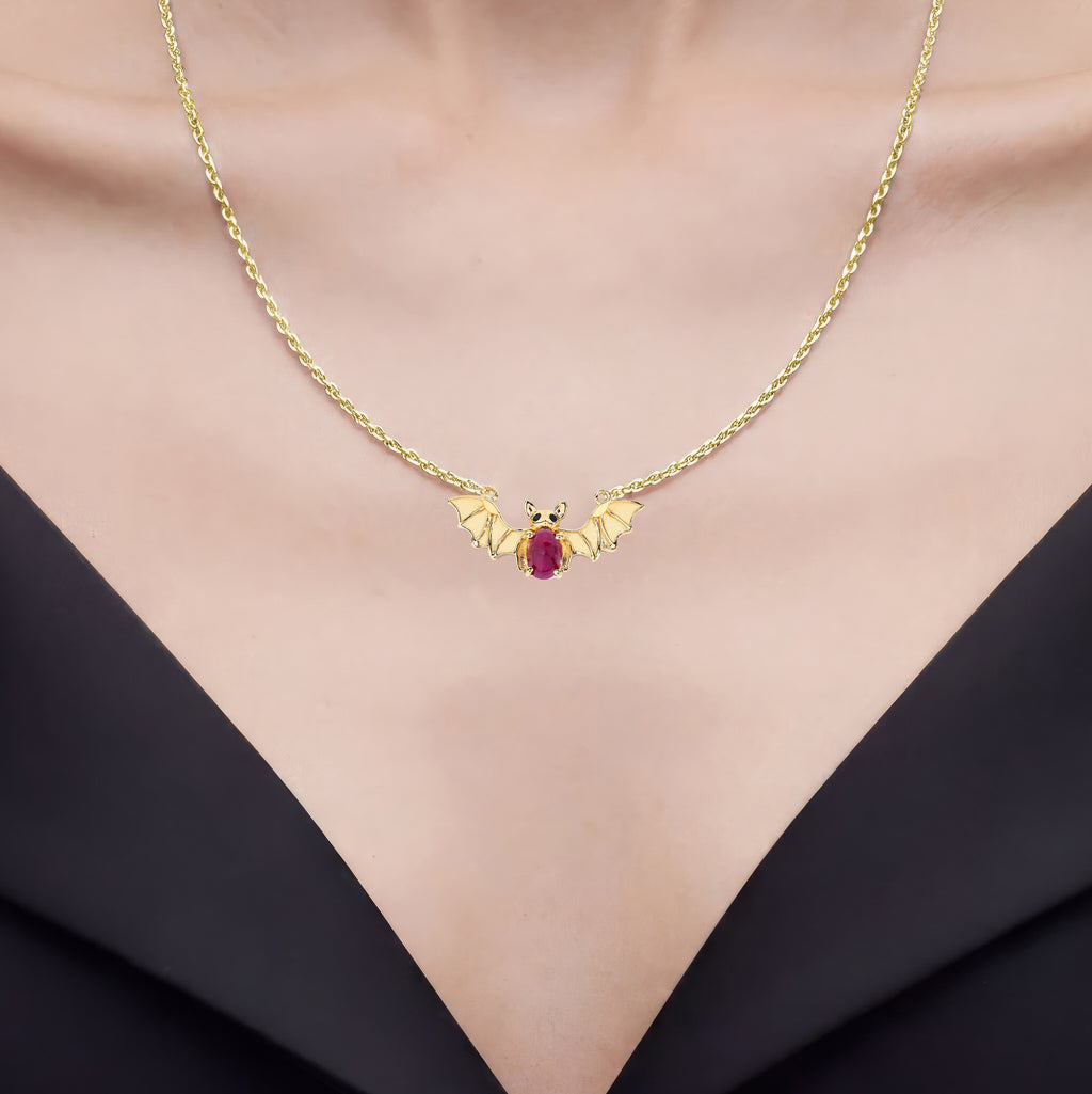 Ruby Bat Necklace With Black Spinel 1.16 Carats Gold Plated Silver