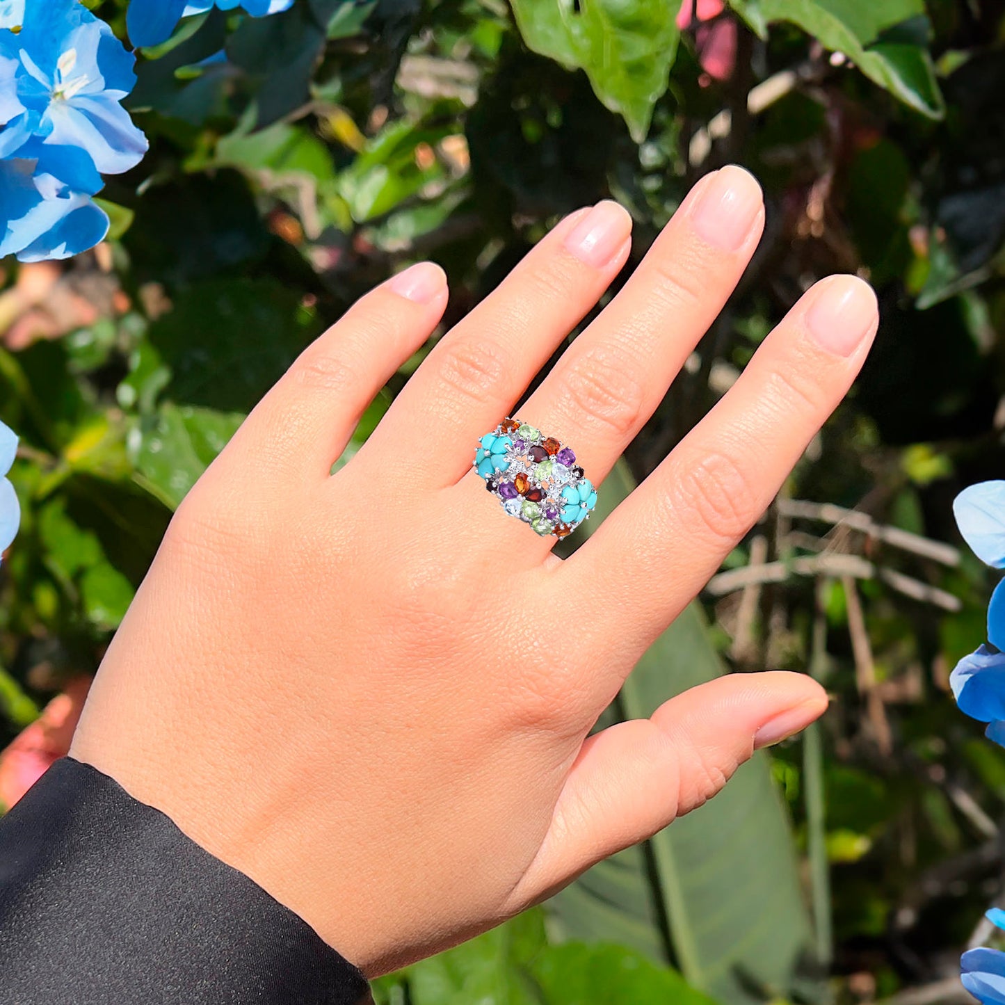 Multicolor Gemstones Cluster Flower Ring 4.06 Carats