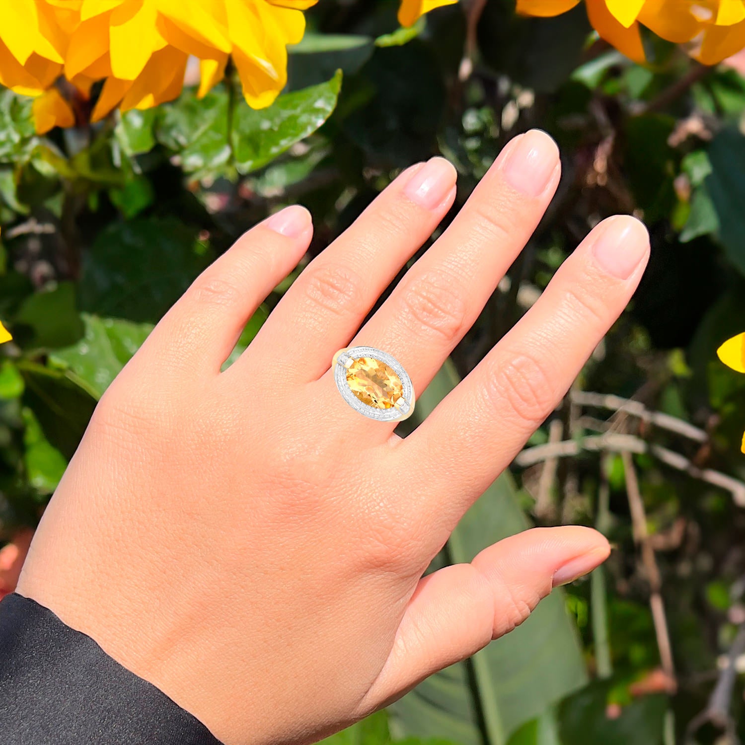 Natural Citrine Ring With Diamonds 4.58 Carats 14K Yellow Gold Plated Silver