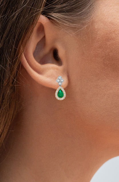 Emerald Dangle Earring  With Diamonds 1.18 Carats 18K Gold