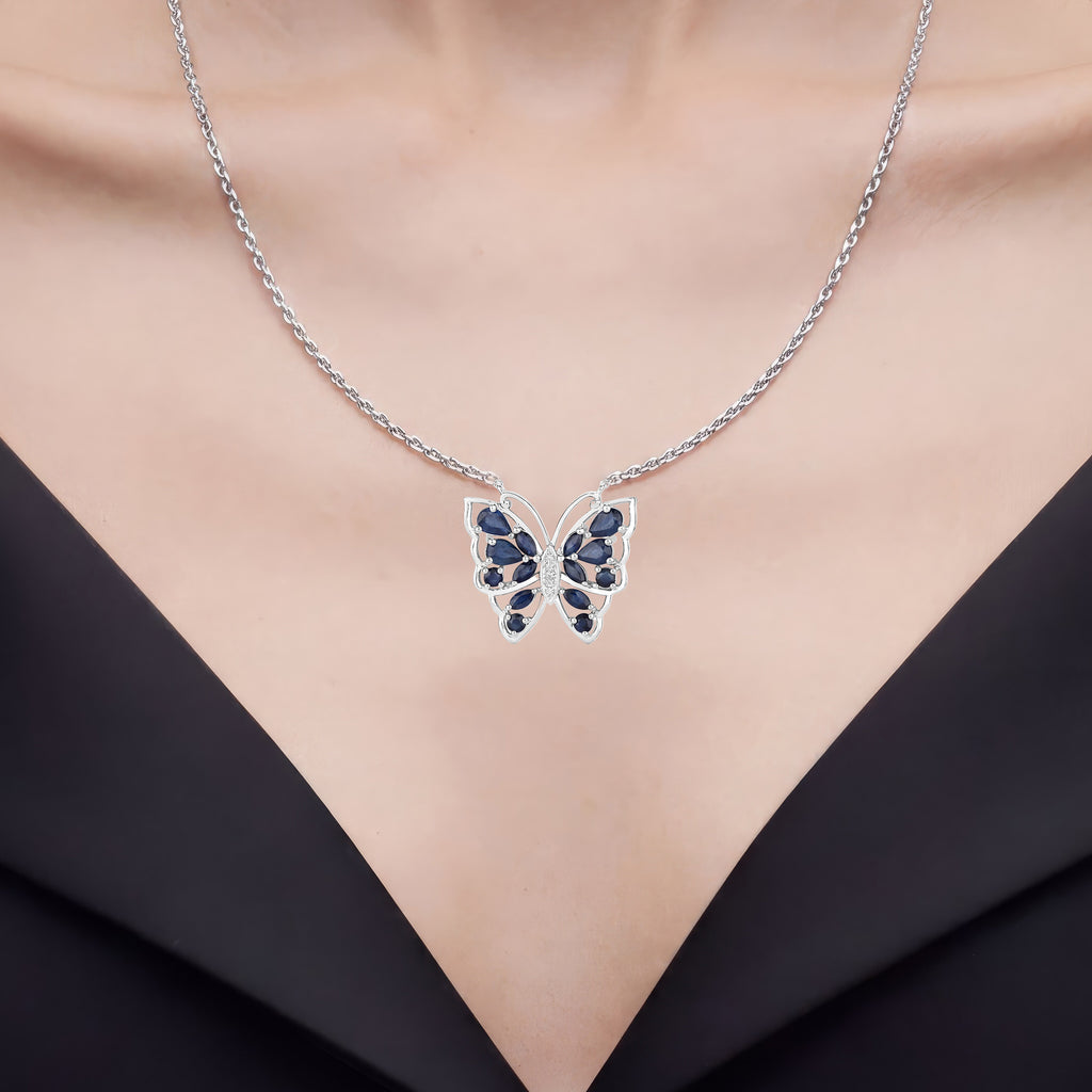 Blue Sapphire Butterfly Necklace With White Zircon 2.86 Carats Sterling Silver