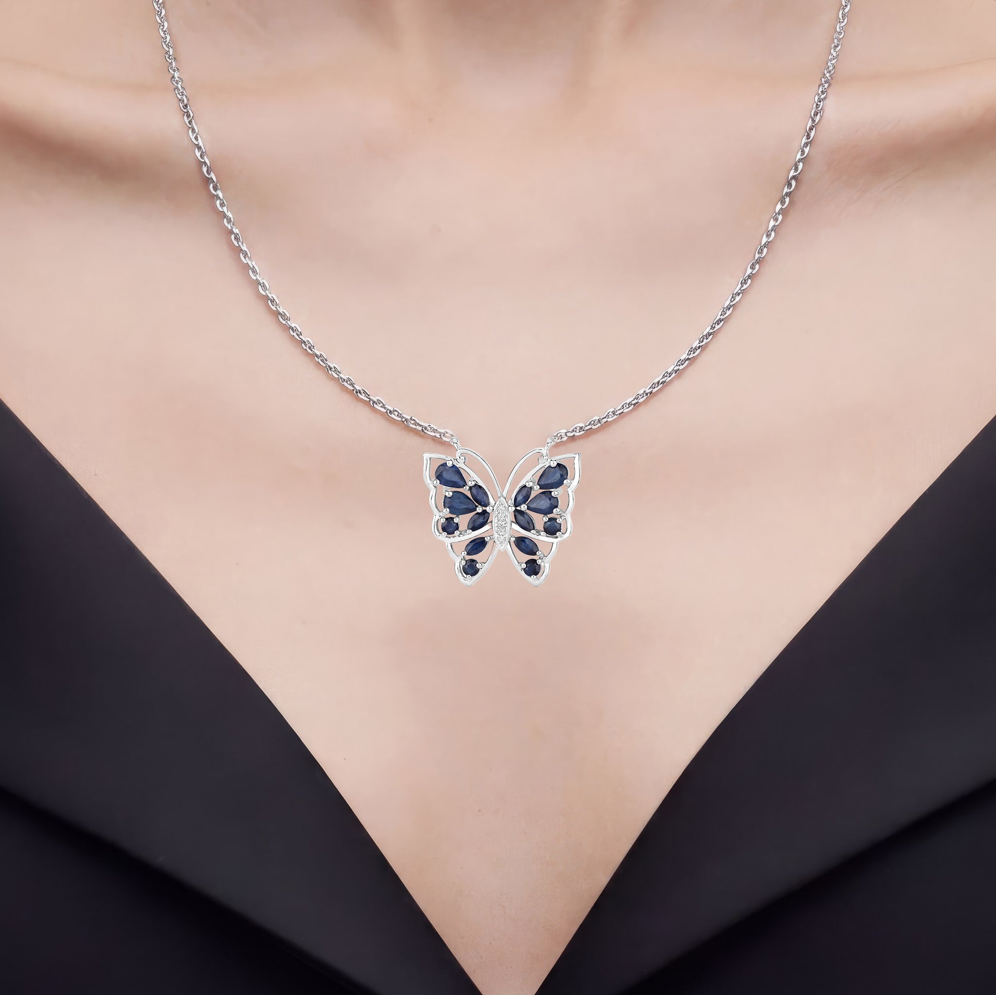 Blue Sapphire Butterfly Necklace With White Zircon 2.86 Carats Sterling Silver