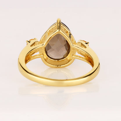 Smoky Quartz Ring With Citrine 3.60 Carats Gold Plated Silver